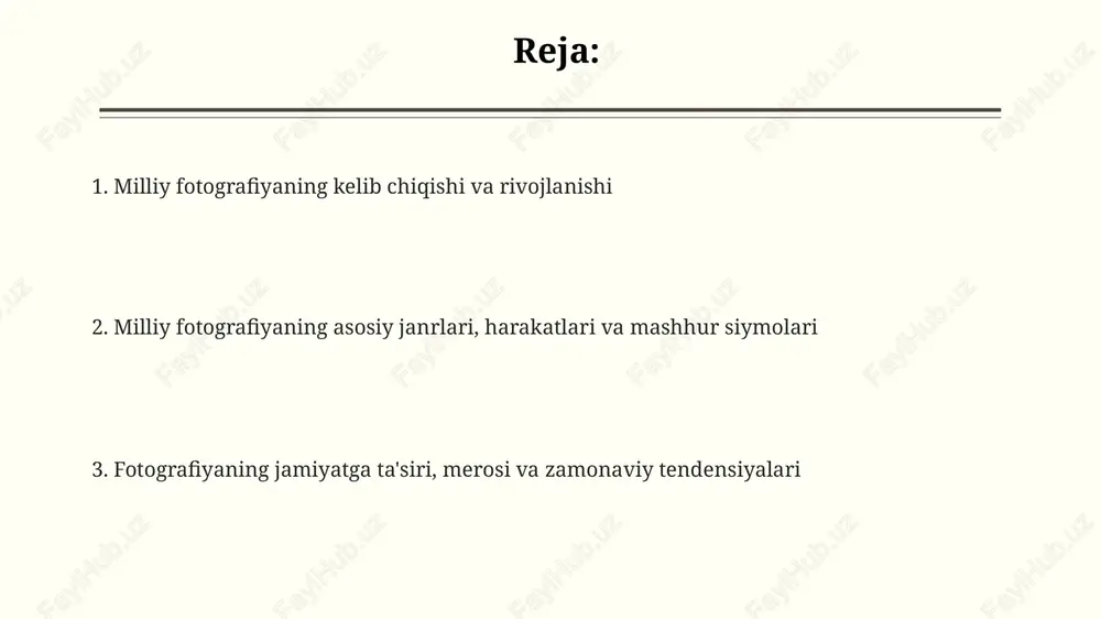 ning jamiyatga ta'siri va san'atdagi roli fotografiya 19-asrda ijtimoiy islohotlar uchun kuchli vosita bo'lib, kambag'allik va mehnat ekspluatatsiyasi kabi muammolarni fosh qildi va keng jamoatchilik e'tiborini tortdi. suratlarning realizmi san'at dunyosida bahslarga sabab bo'ldi, ba'zi rassomlar fotografiyani tahdid deb hisobladi, boshqalari esa uni yangi ifoda shakli sifatida qabul qilib, gibrid uslublarni yaratdi. fotografiya 20-asrning ikkinchi yarmida san'atning ajralmas qismiga aylandi, ko'rgazmalar va galereyalarda namoyish etildi hamda san'at asari sifatida baholana boshlandi. raqamli fotografiyaning paydo bo'lishi va zamonaviy tendensiyalar mobil telefonlardagi kameralarning keng tarqalishi, 21-asr boshlarida fotografiyani demokratlashtirdi, har bir kishiga fotosuratchi bo'lish imkoniyatini yaratdi va ijtimoiy media almashinuvini kuchaytirdi. 20-asrning oxirida raqamli fotografiya paydo bo'lishi, plyonkadan ccd va cmos sensorlariga o'tish bilan fotosuratga olishni soddalashtirdi va narxini arzonlashtirdi. sun'iy intellekt va mashinani o'rganishdan foydalanish, zamonaviy tendensiyalarni shakllantiradi, avtomatik tasvirni yaxshilash va yangi san'atkorona uslublar yaratish imkoniyatini beradi. milliy fotografiya merosi, ta'limi va siyosati 2005-yilda qabul qilingan milliy fotografiya siyosati mualliflik …
