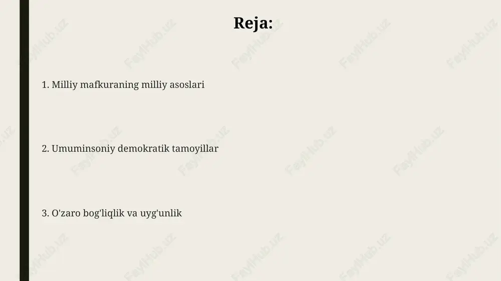 milliy o'ziga xoslikni saqlash va demokratik qadriyatlarni rivojlantirish milliy o'zlikni saqlashda 1992-yilgi konstitutsiya asos bo'lib, u milliy an'analarni himoya qilish va rivojlantirishni belgilaydi, bu esa madaniy xilma-xillikni ta'minlaydi. demokratik qadriyatlarni rivojlantirish o'zbekistonda 2017-2021-yillardagi harakatlar strategiyasi orqali amalga oshirilib, bunda inson huquqlari va erkinliklari kafolatlanadi. ma'naviy merosni asrash va demokratik tamoyillarni kuchaytirish, masalan, 2024-yilgi mahalliy saylovlarda, jamiyatning faol ishtirokini rag'batlantirish orqali erishiladi. milliy mafkura va demokratik tamoyillarga tahdidlar va ularga qarshi kurash demokratik tamoyillarga qarshi kurash avtoritar tuzumlar tomonidan amalga oshiriladi, ular 2023-yilda so'z erkinligini cheklash va saylovlarni manipulyatsiya qilish orqali hokimiyatni ushlab turishga urinadi. milliy mafkuraga tahdidlar ekstremistik g'oyalar, masalan, ishidning 2014-2017 yillardagi faoliyati, yoshlar ongiga salbiy ta'sir ko'rsatib, barqarorlikka putur yetkazdi. globallashuv sharoitida milliy mafkuraga tahdidlar transmilliy jinoyatchilik, jumladan, 2022-yilda giyohvand moddalar savdosi orqali yoshlar orasida mafkuraviy immunitetni susaytirishga qaratilgan. mustaqillikni mustahkamlashda milliy mafkura va demokratik tamoyillarning roli o'zbekistonning milliy mafkurasi va demokratik tamoyillari 2030-yilga mo'ljallangan barqaror rivojlanish maqsadlariga …