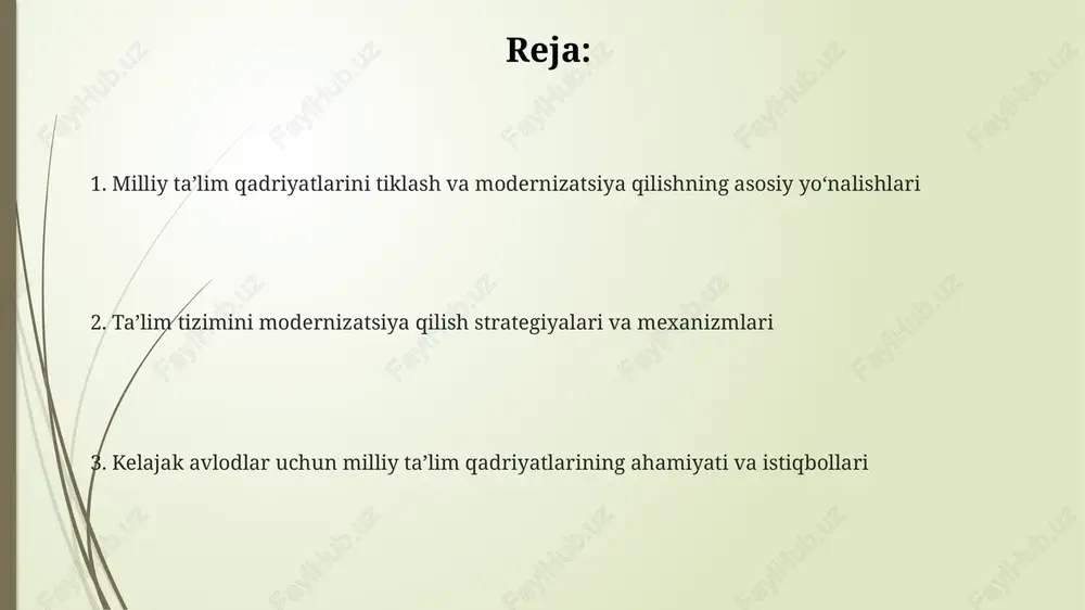 ntirish, xususan, 10-11-sinflarda amaliy laboratoriya mashg’ulotlarini kengaytirish, o’quvchilarni kelajak kasblariga tayyorlash uchun muhim modernizatsiya yo’nalishidir. oʻqituvchilarning roli va kadrlar tayyorlash oʻqituvchilarning roli 21-asr koʻnikmalariga ega boʻlgan avlodni tarbiyalash, steam (fan, texnologiya, injeneriya, sanʼat, matematika) fanlariga urgʻu berish orqali rivojlantiriladi. kadrlar tayyorlashda pedagogika universitetlari oʻquv dasturlari takomillashtirilib, amaliyotga yoʻnaltirilgan darslar soni 30 foizga oshirilishi kerak. oʻqituvchilarning malakasini oshirish uchun har 5 yilda kamida 100 soatlik maxsus kurslar tashkil etilib, xalqaro tajriba almashish dasturlari joriy etiladi. oʻquv dasturlarini takomillashtirish va texnologiyalar texnologiyalarni taʼlimga integratsiya qilishda interaktiv doskalar, onlayn resurslar va masofaviy taʼlim platformalaridan foydalanish oʻquv jarayonini yanada qiziqarli va samarali qiladi. oʻquv dasturlarini takomillashtirishda steam (fan, texnologiya, muhandislik, sanʼat, matematika) integratsiyasi muhim, bu oʻquvchilarga 21-asr koʻnikmalarini rivojlantirishga yordam beradi. oʻquv dasturlarini takomillashtirishda oʻquvchilarning individual ehtiyojlarini hisobga olgan holda moslashuvchan oʻquv dasturlari va differensial yondashuvlarni qoʻllash muhim. ota-onalar va mahalliy hamjamiyat bilan hamkorlik ota-onalar va mahalliy hamjamiyat a'zolari uchun ta'limga oid 5 ta …