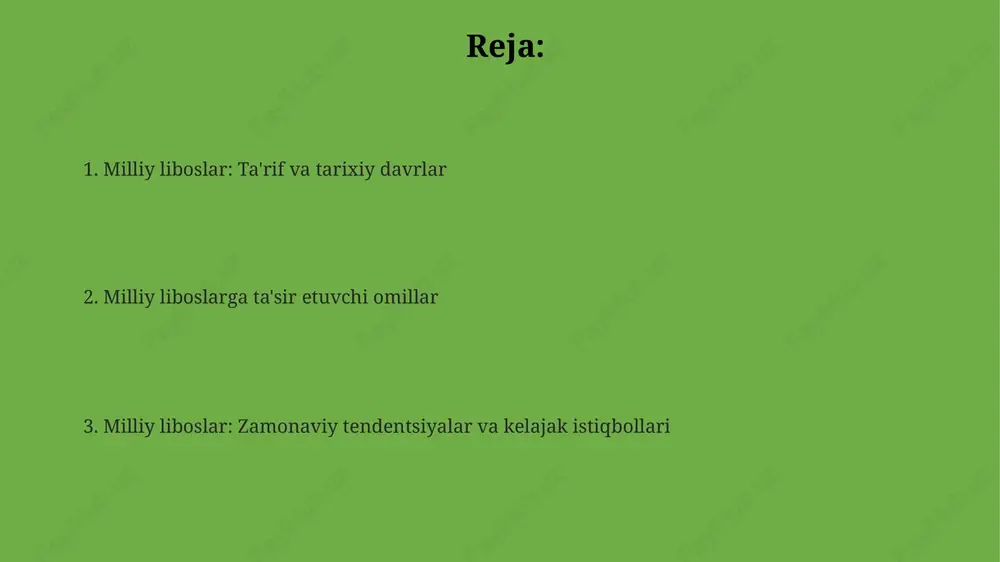 ning nafas olishiga imkon beradi va quyoshdan saqlaydi. ijtimoiy-iqtisodiy omillar ijtimoiy tabaqalanish kiyimning materiallari va bezaklariga ta'sir ko'rsatdi. masalan, 18-19-asrlarda zodagonlar ipak va zarhal matolardan, oddiy xalq esa arzonroq paxtadan foydalangan. savdo yo'llarining rivojlanishi yangi matolar va uslublarning kirib kelishiga sabab bo'ldi. ipak yo'li orqali kirib kelgan xitoy ipaklari milliy liboslarning bezaklarida o'z aksini topdi. iqtisodiy inqirozlar va urushlar kiyimning soddalashuviga olib keldi. xx-asrning 20-yillarida urushdan keyingi davrda mato tanqisligi liboslarning dizayniga ta'sir ko'rsatdi. diniy ta'sirlar zardushtiylik kabi qadimiy dinlar, o'rta osiyo milliy liboslarida olov va quyosh ramzlarini aks ettirgan bo'lib, bu naqshlar 7-8-asrlarda shakllangan. islom dini ayollar kiyimiga ta'sir ko'rsatib, 9-12-asrlarda hijob va ro'mol kabi elementlarning rivojlanishiga sabab bo'ldi hamda kamtarlik me'yorlarini belgiladi. diniy e'tiqodlar matolarni tanlashga ta'sir etgan, masalan, buddizmda ipakdan voz kechish 5-asrda oddiyroq materiallarga o'tishga turtki bo'lgan. texnologik o'zgarishlar 20-asrda tikuv mashinalarining ommalashuvi liboslarni tez va arzon tikish imkonini berdi, bu esa milliy liboslarning tarqalishiga va …
