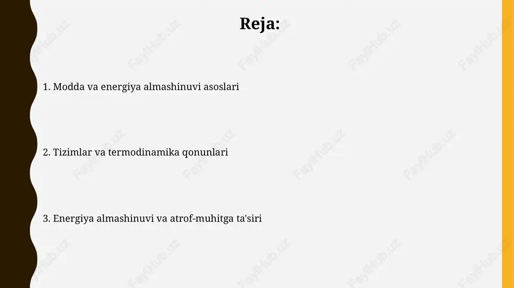 bilan bog'liq. biologik tizimlarda energiya almashinuvi biologik tizimlarda energiya almashinuvi fotosintez kabi jarayonlar orqali sodir bo'ladi, bunda o'simliklar quyosh nurini kimyoviy energiyaga, xususan, glyukozaga aylantiradi va kislorod hosil qiladi. hujayra nafas olishi mitoxondriyalarda sodir bo'lib, glyukozani atp shaklida energiya chiqarish uchun parchalaydi. ushbu jarayon 36-38 atp molekulasini hosil qilib, hayotiy funktsiyalarni ta'minlaydi. entropiya va energiya konvertatsiyasi texnologiyalari entropiya issiqlik dvigatellari va energiya konvertatsiya qilish tizimlarining maksimal samaradorligini cheklaydi; karno samaradorligi 1 - (tc/th) formulasi orqali hisoblanadi, bu erda tc va th mos ravishda sovuq va issiq rezervuarlarning harorati. ko'pgina energiya konvertatsiya qilish texnologiyalari, masalan, ko'mir yoqish orqali elektr energiyasini ishlab chiqarish, entropiyani oshiradi, chunki issiqlikni qaytarib bo'lmaydigan darajada kamroq foydali energiyaga aylantiradi, 2-qonunga ko'ra. global isish va iqlim o'zgarishiga ta'siri global isish okeanlarning isishiga olib keladi, bu esa dengiz sathining ko'tarilishiga sabab bo'ladi, keyingi 100 yilda qirg'oqbo'yi hududlarida 1 metrgacha suv toshqini xavfini oshiradi. issiqxona gazlari emissiyasi ortishi tufayli global …