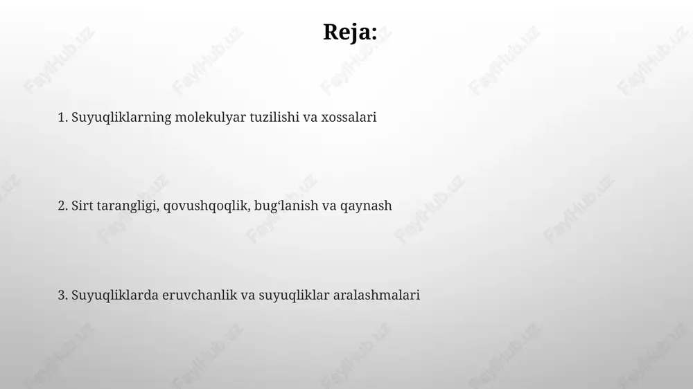 bu suyuqlikning bugʻ bosimi tashqi bosimga tenglashganda roʻy beradi. erish va muzlash erish nuqtasi - bu qattiq modda suyuqlikka o'tadigan harorat bo'lib, u odatda bosimga bog'liq. muzlash nuqtasi esa suyuqlik qattiq holatga o'tadigan harorat bo'lib, ko'pincha erish nuqtasi bilan bir xil bo'ladi. erish jarayoni endotermikdir, ya'ni qattiq moddani suyuqlikka aylantirish uchun energiya (issiqlik) talab etiladi. muzlash jarayoni esa ekzotermik, ya'ni suyuqlik qattiq holatga o'tganda energiya ajralib chiqadi. suyuqliklarda eruvchanlik va aralashmalar suyuqliklarda eruvchanlik, asosan, "oʻxshash oʻxshashni eritadi" qoidasiga asoslanadi: qutbli erituvchilar qutbli moddalarni, qutbsiz erituvchilar esa qutbsiz moddalarni eritadi. masalan, suv (qutbli) tuzni (qutbli) eritadi, lekin yogʻni (qutbsiz) eritmaydi. aralashmalar gomogen (bir xil) yoki geterogen (har xil) boʻlishi mumkin. tuz suvda eriganda gomogen aralashma hosil boʻladi, unda tuz ionlari suv molekulalari orasida bir xil taqsimlangan. yogʻ va suv geterogen aralashmadir, chunki ular 2 fazani hosil qiladi. suyuqliklarning tasnifi suyuqliklar qutblilik darajasiga koʻra tasniflanadi: qutbli suyuqliklar, masalan, suv (h2o), yuqori dielektrik …