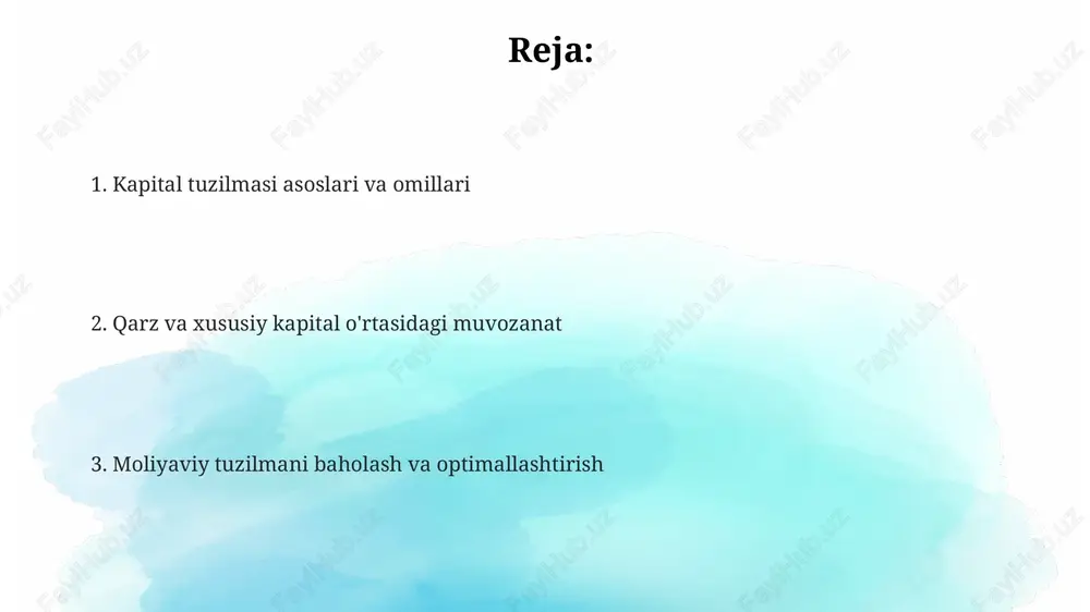 'rtacha qiymatini aks ettiradi. u investitsiya loyihalarini baholashda, qarz nisbatlari kapital qiymatiga ta'sir qiladi. soliq qalqoni va moliyaviy xavfni boshqarish soliq qalqoni qarz foizlari boʻyicha soliq chegirmalari orqali foydani kamaytiradi, bu esa soliq toʻlovlarini kamaytiradi. lekin haddan tashqari qarz moliyaviy xavfni oshiradi va bankrotlik ehtimolini 25 foizga ko'paytirishi mumkin. moliyaviy xavfni boshqarish uchun kompaniyalar qarz va xususiy kapital oʻrtasidagi muvozanatni saqlashlari kerak. optimal kapital tuzilmasi odatda 40-60% qarz bilan aniqlanadi. moliyaviy moslashuvchanlikni taʼminlash uchun kompaniyalar naqd pul oqimini kuzatib borishlari va stress-testlar oʻtkazishlari kerak. bu kelajakdagi 15% foiz stavkalarining o'zgarishiga bardosh berishga yordam beradi. moliyaviy moslashuvchanlik va sanoat me'yorlari sanoat me'yorlari 3:1 qarzga nisbatan kapital nisbatini ko'rsatishi mumkin, bu esa moliyaviy riskni kamaytiradi va kredit reytingini yaxshilaydi. moliyaviy moslashuvchanlik kompaniyaga 1-2 yil ichida investitsiyalarni oshirish, 5-10% ga dividendlar to'lash yoki 15% gacha qarzlarni to'lash imkonini beradi. moliyaviy moslashuvchanlik 20% lik likvidlik zahiralarini saqlashni anglatadi, bu esa kutilmagan xarajatlarni qoplash va …