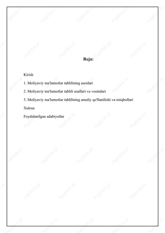 investitsiya qilish yoki qilmaslik haqida qaror qabul qiladi. kreditorlar esa kompaniyaning kredit qobiliyatini baholash orqali kredit berish xavfini aniqlaydi. moliyaviy ma'lumotlar tahlilining vazifalari juda ko'p qirrali. unga kompaniyaning moliyaviy natijalarini aniqlash, xarajatlarni optimallashtirish yo'llarini izlash, investitsiya loyihalarining samaradorligini baholash, moliyaviy risklarni aniqlash va ularni kamaytirish strategiyalarini ishlab chiqish kiradi. bundan tashqari, moliyaviy tahlil yordamida kompaniya o'zining raqobatchilariga nisbatan pozitsiyasini aniqlashi, bozordagi o'zgarishlarga moslashish strategiyasini ishlab chiqishi va ichki resurslardan samarali foydalanish yo'llarini topishi mumkin. misol uchun, rentabellik koeffitsientlari past bo'lgan holda, xarajatlarni kamaytirish yoki sotuvlarni oshirish choralarini ko'rish kerak. 📊 moliyaviy ma'lumotlar tahlilining maqsadi va vazifalari ushbu jadval moliyaviy ma'lumotlar tahlilining asosiy maqsadlari va vazifalarini, shuningdek, ularning moliyaviy qarorlar qabul qilishdagi rolini taqqoslaydi. maqsad vazifalar moliyaviy qarorlar qabul qilishdagi roli moliyaviy holatni baholash kompaniyaning moliyaviy ko'rsatkichlarini (daromad, xarajat, aktivlar, majburiyatlar) tahlil qilish. investitsiyalar to'g'risida qaror qabul qilish, kredit olish shartlarini baholash. risklarni aniqlash va boshqarish bozor riski, kredit riski, operatsion …