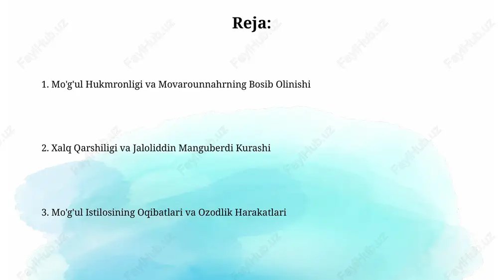 yoda mo'g'ul hukmronligini susaytirishga qaratilgan edi, lekin ichki nizolar va yetarli qo'llab-quvvatlash yo'qligi sababli muvaffaqiyatga erisha olmadi. mo'g'ullar istilosining ijtimoiy-iqtisodiy oqibatlari mo'g'ullar istilosi movarounnahrning qishloq xo'jaligini vayron qildi, sug'orish tizimlari buzildi, natijada unumdor yerlarning katta qismi 10-15 yil davomida tashlandiq holatga kelib qoldi. savdo yo'llarining buzilishi va shaharlarning vayron qilinishi natijasida hunarmandchilik va savdo-sotiq keskin kamaydi, soliqlar esa aholining iqtisodiy ahvolini og'irlashtirib, 30-40 foizga oshirildi. mo'g'ul istilosining madaniy merosga ta'siri mo'g'ullar istilosi davrida ko'plab kutubxonalar va madaniy markazlar vayron qilingan, minglab qo'lyozmalar yo'qolgan, bu esa ilmiy va adabiy merosning katta qismini yo'qotishga olib kelgan. istilo natijasida hunarmandchilikning ko'plab turlari, ayniqsa sopolchilik va to'qimachilik texnikalari yo'q bo'lib ketdi, bu esa 13-14 asrlarda ishlab chiqarishning pasayishiga sabab bo'ldi. movarounnahrdagi mo'g'ullarga qarshi kurash markazlari buxoro o'lkasi 1238-yilda mahmud tarobiy boshchiligidagi katta qo'zg'olonga mezbonlik qildi. bu qo'zg'olon mo'g'ullarning og'ir soliq siyosatiga qarshi mahalliy aholining noroziligini aks ettirdi. samarqand shahri mo'g'ullarga qarshi qattiq qarshilik ko'rsatdi. …