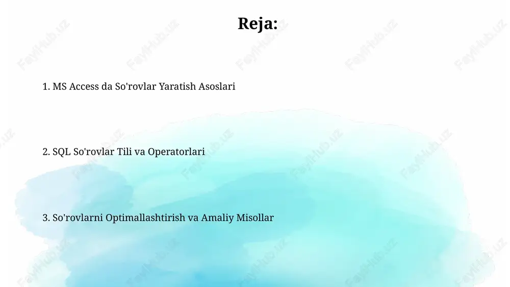 rdagi 1 yoki undan ortiq ustunlarning qiymatlarini o'zgartiradi, misol uchun, "update mijozlar set manzil = 'yangi manzil' where mijozid = 123" . delete so'rovi jadvaldagi butun yozuvlarni o'chiradi, lekin jadval tuzilmasini saqlab qoladi, masalan, "delete from buyurtmalar where buyurtmasanasi < #01/01/2023#" yozuvlarni o'chiradi. so'rovlarni optimallashtirish va indekslardan foydalanish indekslar so'rovlarni optimallashtirishda 10-100 barobar tezlashtirishi mumkin, ayniqsa katta jadvallarda. lekin, har bir ustunga indeks qo'yish ortiqcha yuk bo'lishi mumkin. ms access-da so'rovlarni optimallashtirish uchun 'analyze table' vositasidan foydalaning, bu statistik ma'lumotlarni yangilab, so'rovlarni rejalashtirishni yaxshilaydi. e'tiboringiz uchun rahmat image2.jpg image3.jpg image4.jpg image5.png image6.jpg image7.jpg image1.png