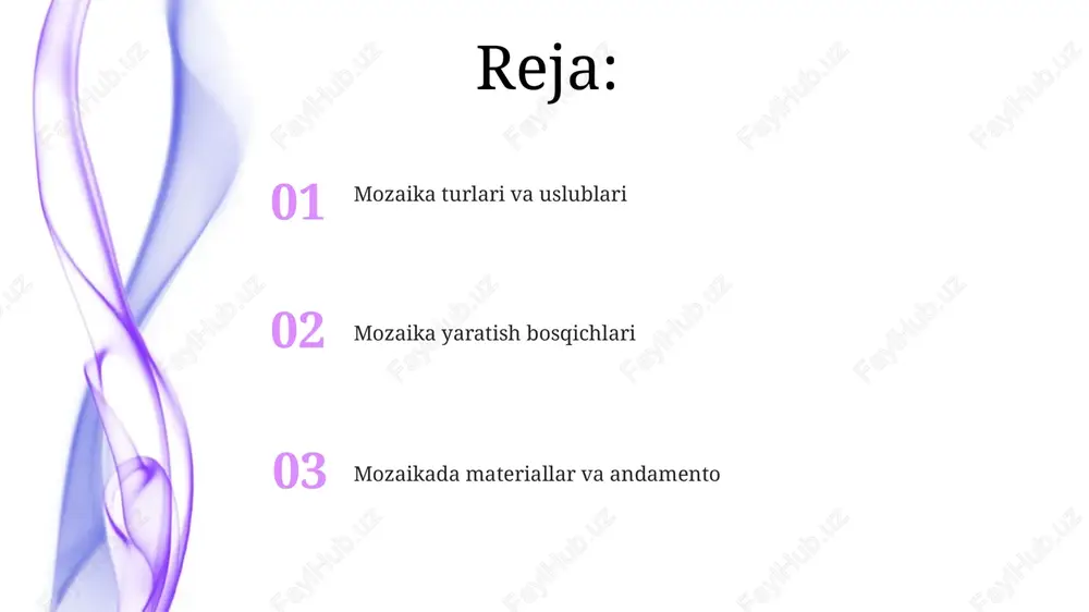 ntoni, ya'ni tesseralarning joylashuv tartibini belgilash kerak. asos tayyorlash va materiallarni kesish asos tayyorlashda, 6 mm dan 12 mm gacha bo'lgan suvga chidamli kontrplak yoki sement plitalari ishlatiladi, ular mozaikaga mustahkam tayanch bo'lib xizmat qiladi va namlik ta'sirini kamaytiradi. materiallarni kesishda, professional mozaikachilar karbid uchli keskichlar, g'ildirakli keskichlar yoki hatto suv oqimli kesish uskunalaridan foydalanib, 1 sm dan kichik bo'lgan tesseralarni ham aniq kesishadi. to'g'ridan-to'rtburchakli tesseralar uchun gilotin keskichlar tez va aniq kesish imkonini beradi, bu esa katta mozaikalar uchun vaqtni tejashga yordam beradi, xatolik ehtimolini kamaytiradi. tesseralarni yopishtirish va groutlash groutlash - bu tesseralar orasidagi bo'shliqlarni maxsus grout bilan to'ldirish jarayoni bo'lib, odatda suv bilan aralashtiriladi va 30 daqiqa davomida qurishiga ruxsat beriladi, keyin ortiqcha qismi olib tashlanadi. tesseralarni yopishtirishda turli xil yopishtiruvchi moddalar qo'llaniladi, masalan, polimerlar, sement asosidagi yopishtiruvchi moddalar, ularning har biri 1 mm dan 5 mm gacha qalinlikda surtiladi, bu esa tesseralarning turiga bog'liq. grout ranglari …