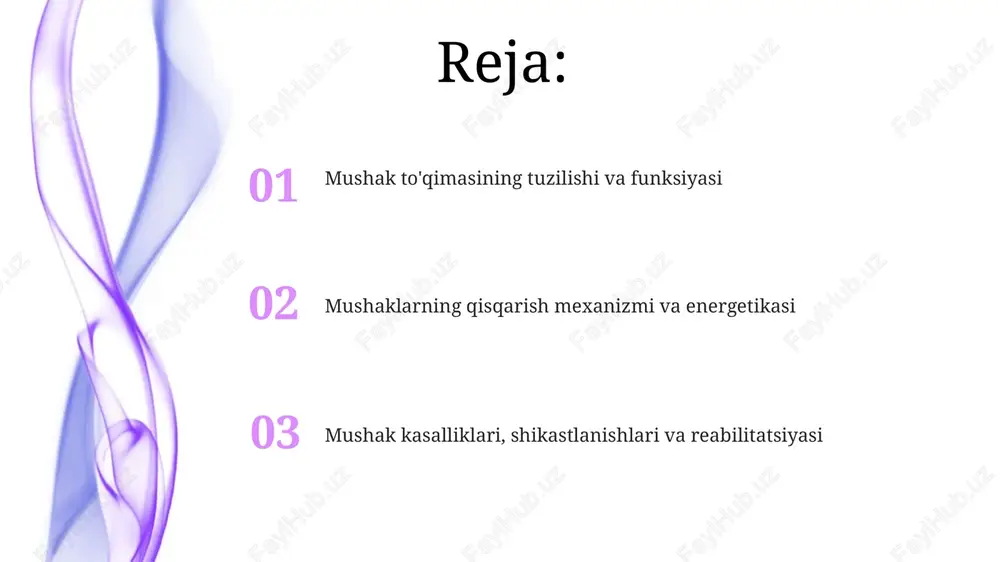 kallak hosil qiladi. muskul qisqarishi mexanizmi kaltsiy ionlari sarkoplazmatik retikulumdan chiqarilib, troponinga bog'lanadi. bu tropomiozinning aktindagi bog'lanish joylarini ochib beradi, miozin bilan bog'lanish imkonini beradi. mushak qisqarishi aktin filamentlarining miozin filamentlari ustidan sirg'alishi orqali sodir bo'ladi. atp gidrolizi miozin boshlariga energiya beradi, bu esa qisqarishning asosiy harakatidir. nerv-muskul birikmasi nerv-muskul birikmasi - bu harakat potentsialini nerv tolasidan mushak tolasiga o'tkazadigan ixtisoslashgan sinaps bo'lib, uning samaradorligi mushak faoliyati uchun 100% ga yaqin ishonchlilikni ta'minlaydi. asetilxolin (ach) nerv-muskul birikmasida asosiy neyrotransmitter hisoblanadi; u presinaptik nerv uchidan ajralib chiqadi va postsinaptik mushak membranasidagi ach retseptorlari bilan bog'lanadi. muskul metabolizmi va energiya manbalari mushak metabolizmi atp, kreatin fosfat va glikogen kabi turli energiya manbalariga tayanadi. 1-2 soniya davomida energiya beradigan kreatin fosfat, mushak qisqarishini tezda ta'minlaydi. glikoliz - bu glyukozani piruvatga parchalashning anaerob jarayoni, atp hosil qiladi. bu tezkor energiya manbai, lekin laktat hosil bo'lishi bilan uzoq muddatda charchoqqa olib kelishi mumkin. charchoq sabablari …