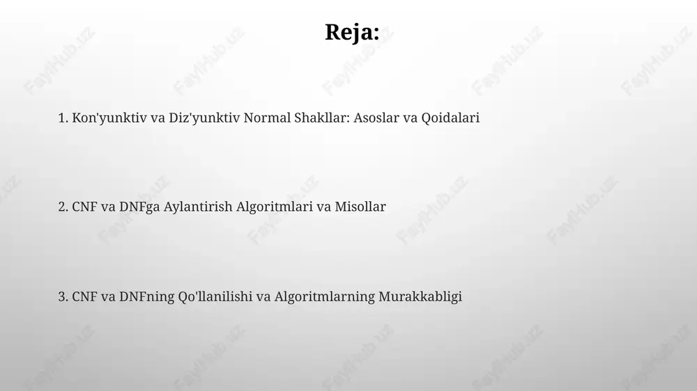 ritmining asosiy qismidir. dnfga aylantirish algoritmi va misollar dnfga aylantirish algoritmi mantiqiy ifodani soddalashtirib, de morgan qonuni va distributivlik qonunidan foydalanib, inkorlarni ichkariga suradi, 1 yoki 0 natijaga olib keladi. masalan, (a ∧ b) ∨ ¬c ifodasi dnfga o'tkazilganda, allaqachon dnf shaklida, chunki unda kon'yunktlar diz'yunksiya bilan bog'langan va inkorlar atomik formulalarga tegishli. cnf va dnfning qo'llanilishi cnf ma'lumotlar bazalarida so'rovlarni optimallashtirishda qo'llaniladi, bu erda murakkab so'rovlarni 2-bosqichli shaklga aylantirish so'rovni bajarish vaqtini kamaytirishi mumkin. mantiqiy sxemalarni loyihalashda dnf va cnf kombinatsiyalari yordamida har qanday mantiqiy funktsiyani amalga oshiradigan, 3-elementli nand darvozalarining universal to'plamini qurish mumkin. murakkablik va muqobil usullar cnf va dnfga aylantirishning murakkabligi ko'pincha ifodaning o'lchamiga eksponentsial bog'liq, ya'ni n o'zgaruvchili ifoda uchun 2^n qadam kerak bo'lishi mumkin. mantiqiy ifodalarni soddalashtirish uchun kvayn-makklaski algoritmi kabi muqobil usullar mavjud bo'lib, ular ko'p hollarda cnf va dnfni to'g'ridan-to'g'ri yaratishdan samaraliroqdir. e'tiboringiz uchun rahmat image4.png image3.png image5.jpg image6.jpg image7.jpg image8.jpg image9.jpg …