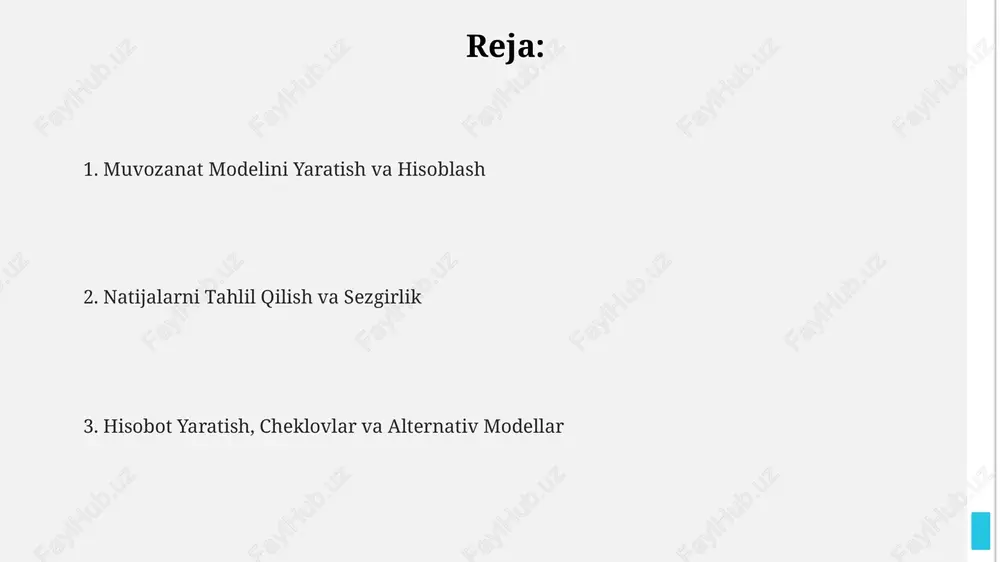 ndentsiyalarni ko‘rsatishga yordam beradi. optimallashtirish uchun excel solverdan foydalanib, cheklovlar ichida maqsad funktsiyasini, masalan, foydani maksimallashtirish yoki xarajatlarni minimallashtirishni aniqlash mumkin, 3 ta o‘zgaruvchini hisobga olgan holda. grafik tasvirlash sezgirlik tahlili natijalarini ko‘rsatish uchun ham ishlatiladi, bunda 5 ta turli xil kirish parametrlarining o‘zgarishi model natijalariga qanday ta’sir qilishini ko‘rish mumkin. xatoliklarni aniqlash, tekshirish va bartaraf etish modelda xatolik yuzaga kelganda, xatolik xabarini o'rganing va excel'ning trace error funksiyasi orqali xatoni keltirib chiqargan formulani aniqlang. so'ngra formuladagi mantiqiy xatolarni tekshiring. excel'da xatolarni aniqlash uchun iserror, isna, isref kabi formulalardan foydalaning. natijalarni tekshirish uchun 10% qoidasidan foydalanib, kiritish ma'lumotlarini o'zgartiring va natijaga ta'sirini ko'ring. hisoblashlar natijasini tekshirish uchun qo'lda sodda hisob-kitoblarni amalga oshiring va excel natijalari bilan solishtiring. misol uchun, yalpi foyda marjasini 25% deb faraz qilsangiz, natija 24% dan 26% gacha bo'lishi kerak. modelning cheklovlari, alternativa yechimlari va amaliy mashqlar amaliy mashqlar turli xil farazlar bilan sezgirlik tahlilini o'tkazishni o'z …