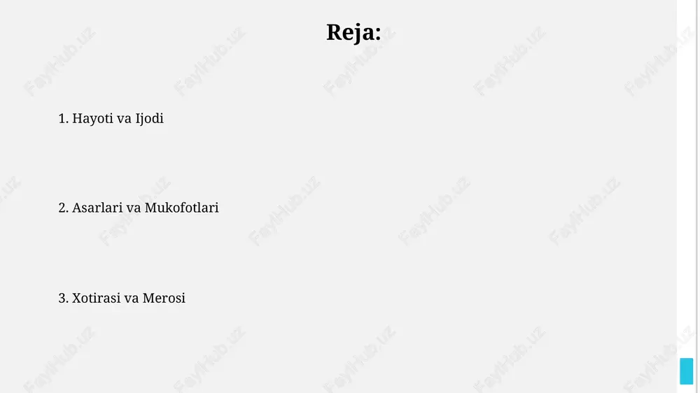anqidiy baholar va muzeylari oybekning «qutlug‘ qon» romani ayrim tanqidchilar tomonidan 1940-yillarda millatchilik unsurlari borligi sababli qattiq tanqid qilingan, bu uning keyingi ijodiga ta’sir ko‘rsatgan. toshkent shahrida oybekning uy-muzeyi faoliyat ko‘rsatadi, unda yozuvchining hayoti va ijodiga oid 5000 dan ortiq eksponatlar, jumladan, qo‘lyozmalar va shaxsiy buyumlari saqlanadi. e'tiboringiz uchun rahmat image1.jpg image2.jpg image3.jpg image4.jpg image5.jpg image6.jpg