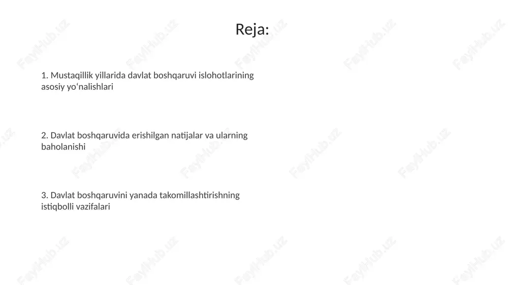 zodlarning bilim va qobiliyatlari baholanib, eng munosiblar ishga qabul qilinadi. davlat xizmatchilarining maqomini mustahkamlash uchun 2016-yilda “davlat xizmati toʻgʻrisida”gi qonun qabul qilindi. bu xizmatning huquqiy asoslarini yaratib, samaradorlikni oshirishga qaratilgan. elektron hukumatni joriy etish va raqamlashtirish 2017-yildan boshlab “raqamli oʻzbekiston – 2030” dasturi doirasida 300 dan ortiq davlat xizmatlari onlayn platformalarga koʻchirildi, bu esa shaffoflikni oshirdi va byurokratiyani kamaytirdi. elektron hukumat infratuzilmasini rivojlantirish maqsadida “davlat xizmatlari markazlari” tashkil etilib, 150 dan ortiq turdagi xizmatlar koʻrsatish imkoniyatini yaratdi hamda xizmatlardan foydalanishni soddalashtirdi. davlat boshqaruvida raqamli texnologiyalarni joriy etish doirasida 50 dan ortiq axborot tizimlari va resurslari integratsiya qilinib, maʼlumot almashinuvi tezlashtirildi va qaror qabul qilish samaradorligi oshirildi. davlat xizmatchilarining malakasini oshirish va professionalizmni rivojlantirish davlat xizmatchilari uchun 100 dan ortiq oʻquv dasturlari yaratildi, ular orasida raqamli savodxonlik va innovatsion boshqaruv kurslari mavjud. 2020-yilda davlat xizmatini rivojlantirish agentligi tashkil etildi, uning asosiy vazifasi davlat xizmatchilarining malakasini oshirishdan iborat. har yili 5000 dan …