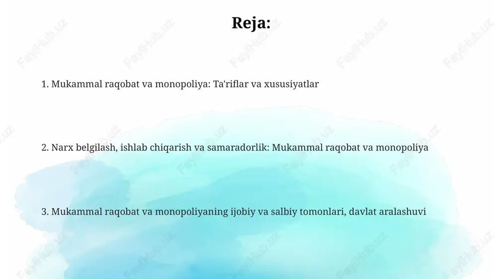 iyada esa ishlab chiqarish hajmi odatda kamroq bo'ladi, chunki monopoliya narxni oshirib, foydani ko'paytirish uchun ishlab chiqarishni cheklaydi, bu samaradorlik yo'qotilishiga olib keladi. foyda olish imkoniyatlari mukammal raqobatda firmalar faqat qisqa muddatda iqtisodiy foyda olishi mumkin, chunki kirish to'siqlari yo'qligi sababli yangi firmalar kirib, narxlarni pasaytiradi va foydani nolga tushiradi. monopoliyalar yuqori narxlarni belgilash va miqdorni cheklash orqali uzoq muddatda barqaror iqtisodiy foyda olishi mumkin, chunki raqobatchilarning kirishi yuqori to'siqlar bilan cheklangan. foyda olish potentsiali har bir bozor tuzilishining muhim jihati bo'lib, resurslarni taqsimlash va innovatsiyalarni rag'batlantirishda muhim rol o'ynaydi, shu bilan iqtisodiyot samaradorligiga ta'sir qiladi. kirish to'siqlari va davlat aralashuvi monopoliyaga kirish to'siqlari yuqori, masalan, patentlar yoki davlat ruxsatnomalari, davlat aralashuvi esa monopoliyani tartibga solish yoki bo'linish orqali raqobatni rag'batlantirishga qaratilgan. mukammal raqobatda kirish to'siqlari nolga teng, bu ko'plab firmalarga bozorda erkin raqobatlashishga imkon beradi, davlat aralashuvi esa asosan raqobatni ta'minlashga qaratilgan. davlat monopoliyaga aralashuvi narx nazorati orqali amalga …