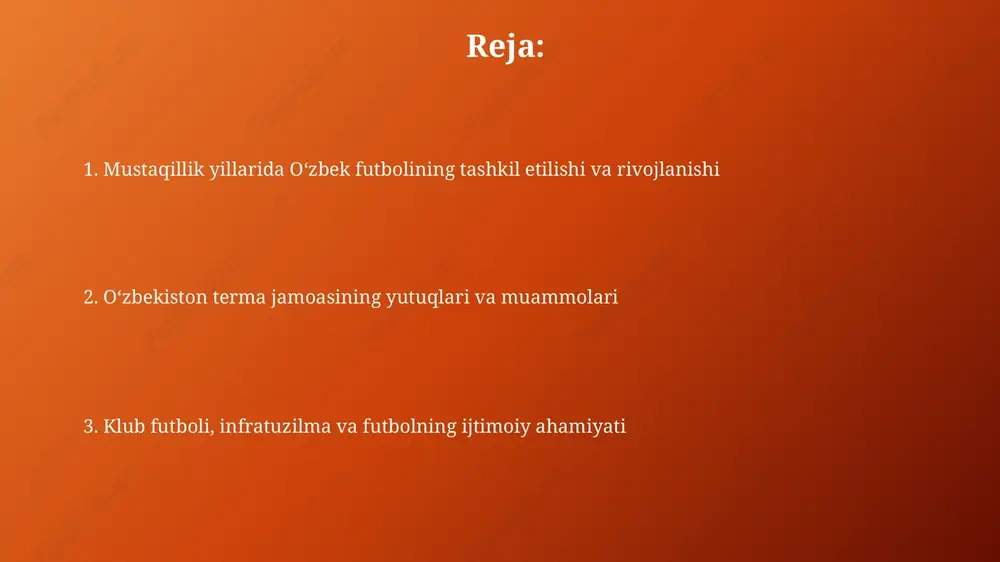 i oshirishga yordam berdi. moliyalashtirish, homiylik va qonunchilik o'zbekistonda futbolni moliyalashtirish ko'pincha davlat byudjeti va xususiy homiylik orqali amalga oshiriladi, bu esa klublar va terma jamoani qo'llab-quvvatlash uchun 20 milliard so'mdan ortiq mablag' sarflanishiga olib keladi. homiylik kelishuvlari asosan 5 yilgacha tuziladi, ko'pincha telekommunikatsiya va bank sektorlari kabi yirik kompaniyalar ishtirok etadi, bu futbol infratuzilmasini rivojlantirishga 10 milliard so'm sarmoya kiritishga imkon beradi. murabbiylar, hakamlar va legionerlar oʻzbekistonda murabbiylar malakasini oshirish tizimi fifa va ofk standartlariga moslashtirilib, pro litsenziyasi boʻyicha 100 dan ortiq mutaxassis tayyorlandi, lekin ularning aksariyati xorijda ishlashni afzal koʻrdi. hakamlar boʻyicha fifa referi boʻlish uchun nomzodlar soni 20 dan oshdi, biroq ularning aksariyati mahalliy chempionatlarda korrupsiya va bosim tufayli oʻz salohiyatini toʻliq namoyon eta olmadi. muammolar, istiqbollar va ijtimoiy ahamiyat korrupsiya futbolga salbiy ta'sir ko'rsatadi, o'yin natijalarini soxtalashtiradi va shaffoflikni kamaytiradi. bu, ayniqsa, 10 yoshdan 18 yoshgacha bo'lgan yosh o'yinchilarga motivatsiya berishni qiyinlashtiradi. kelajak istiqbollari orasida futbol …