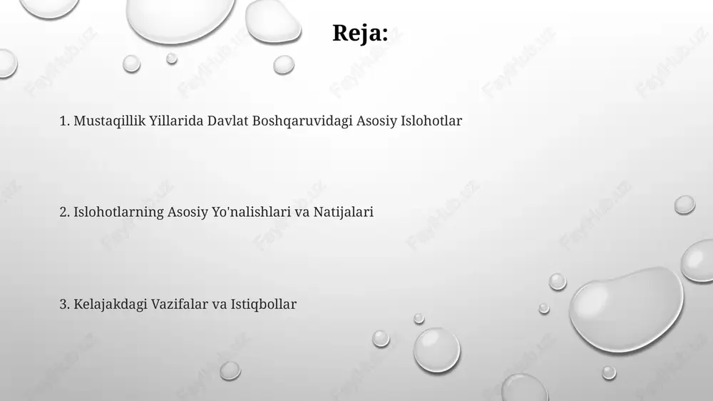 bazasi mustahkamlandi. markazsizlashtirish doirasida davlat boshqaruvi organlarining 30 dan ortiq vakolatlari mahalliy hokimliklarga o'tkazildi, bu mahalliy darajada qaror qabul qilish jarayonlarini tezlashtirdi va samaradorligini oshirdi. davlat xizmati islohotlari va kadrlar siyosati davlat xizmatiga kirish tartiblari takomillashtirilib, 2022-yildan boshlab vakant lavozimlarga ochiq tanlovlar asosida qabul qilish tizimi joriy etildi, bu shaffoflikni oshirdi. kadrlar siyosatida raqamlashtirish joriy etilib, davlat xizmatchilarining elektron reyestri yaratildi. bu 3000 dan ortiq xodimning ma'lumotlarini o'z ichiga oladi va samaradorlikni oshiradi. davlat xizmatchilarining malakasini oshirishga qaratilgan 10 dan ortiq yangi dasturlar ishlab chiqildi. bu dasturlar 5000 dan ziyod xodimni qamrab olib, ularning professional darajasini oshirishga xizmat qiladi. elektron hukumat va davlat-xususiy sherikchilik davlat-xususiy sherikchilik (dxsh) loyihalari 2019-yilda qabul qilingan “dxsh to‘g‘risida”gi qonun asosida rivojlanmoqda, bu esa 5 milliard dollardan ortiq investitsiyani jalb qilishga yordam berdi. elektron hukumat 2013-yildan boshlab “elektron hukumat to‘g‘risida”gi qonun bilan tartibga solingan, 2023-yilga kelib 300 dan ortiq davlat xizmatlari onlayn tarzda taqdim etilishini ta'minladi. …