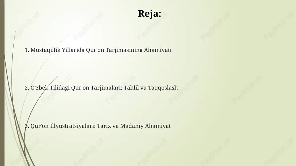 ning izohlari qur'on oyatlarini kengroq tushunishga yordam beradi. qur'on tarjimalarining lingvistik xususiyatlari qur'on tarjimalarida arabcha so'zlarning o'zbek tiliga moslashuvi kuzatiladi, bunda fonetik o'zgarishlar, masalan, 'salat' so'zi 'namoz' kabi 3 xil variantda uchraydi. ko'p tarjimalarda 7 ta asosiy grammatik qoidalarga rioya qilingan, ammo ayrim hollarda sintaksis buzilishi yuz beradi, bu esa 10% gacha ma'noni o'zgartirishi mumkin. tarjimalarda qur'onning 114 ta surasidagi ayrim iboralarni tushuntirish uchun izohlar keltirilgan, bu esa 50 dan ortiq lingvistik muammolarni hal etishga yordam beradi. qur'on illyustratsiyalarining rivojlanishi xv asrga kelib, usmonli imperiyasi va safaviylar davrida qur'on illyustratsiyalari yanada rivojlanib, oltin va lapis lazuli kabi qimmatbaho materiallardan foydalanilgan holda murakkab miniaturalar yaratilgan. ilk qur'on illyustratsiyalari milodiy ix-xi asrlarga oid bo'lib, ular asosan geometrik naqshlar va xattotlik san'ati orqali kitobning sahifalarini bezatgan. bu davrda inson tasvirlari uchramaydi. xx asr oxiri va xxi asr boshlarida kompyuter texnologiyalari yordamida qur'on illyustratsiyalari yangi bosqichga ko'tarildi, bunda an'anaviy uslublar zamonaviy dizayn elementlari bilan …