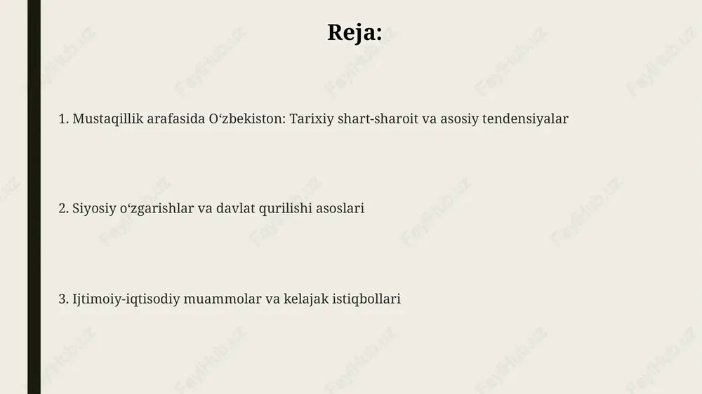onini jadallashtirdi. navroʻz bayramining tiklanishi va keng nishonlanishi milliy qadriyatlarni qayta tiklash va madaniy merosni asrab-avaylashga qaratilgan muhim qadam boʻldi. iqtisodiy islohotlarga ilk qadamlar 1990-yilda "mulkiyatchilik toʻgʻrisida"gi qonun qabul qilindi, bu xususiylashtirishning ilk bosqichi boʻlib, mulk shakllarini diversifikatsiya qilish imkonini berdi. davlat korxonalarini aksiyalashtirish dasturi ishlab chiqildi, bunda aholi va xorijiy investorlarga 1992-yildan boshlab aksiyalarni sotib olish imkoniyati yaratildi. qishloq xoʻjaligida islohotlar boshlanib, dehqon xoʻjaliklari tashkil etildi, bu esa yerga boʻlgan munosabatni oʻzgartirib, bozor iqtisodiyotiga oʻtishga turtki berdi. ijtimoiy muammolar va aholi tabaqalanishi oʻzbekiston ssrda aholi daromadlari boʻyicha katta tafovutlar mavjud edi: partiya nomenklaturasi va yuqori lavozimli amaldorlar oddiy ishchilarga nisbatan sezilarli darajada yuqori turmush darajasiga ega edilar. 1980-yillarning oxirida paxta yakkahokimligi tufayli respublikada ekologik vaziyat keskin yomonlashdi, orol dengizi qurishi oqibatida aholi salomatligi yomonlashib, ijtimoiy keskinlik kuchaydi. mustaqillik arafasida ishsizlik, ayniqsa qishloq joylarida va yoshlar orasida, jiddiy muammoga aylandi. bu aholining noroziligini oshirib, ijtimoiy portlash xavfini tugʻdirdi. geosiyosiy oʻzgarishlar …
