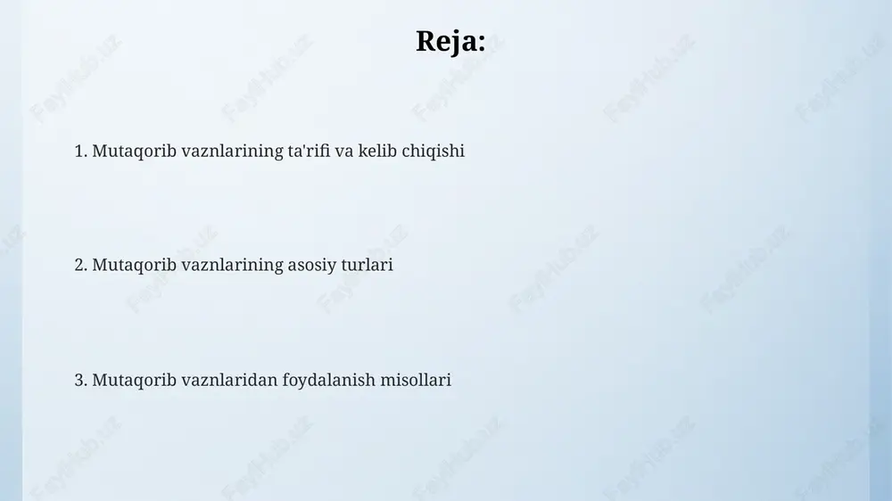 keladi, har bir bo'g'in 2 ta harakatdan iborat. yana bir turi 'mahzuf' bo'lib, u 'fa'l'un fa'l'un fa'l'un fa'l'u' shaklida ifodalanadi, bunda oxirgi bo'g'indagi 'nun' harfi tushib qoladi, bu esa vaznga o'ziga xos ohang beradi. mutaqoribning 'maqsur' turi ham mavjud, bunda oxirgi bo'g'inning oxirgi harakati cho'zilib aytiladi, 'fa'l'un fa'l'un fa'l'un fa'li' kabi bo'lib, ritmda sezilarli o'zgarish hosil qiladi. mutaqorib vaznlarining qo'llanilishi mutaqorib vaznlaridan foydalanish, she'riy matnning ma'nosini aniqlashga yordam beradi, chunki vazn tuzilishi she'riy shakl va mazmun o'rtasidagi bog'liqlikni kuchaytirib, 7 yoki 9 bo'g'inli misralarda o'zgarishlar yaratadi. mutaqorib vaznlari, ayniqsa, 8 bo'g'inli misralarda keng qo'llaniladi, she'r tuzilishini tartibga solish va ohangdorlikni ta'minlashda muhim rol o'ynaydi, bunda har bir misra 4 ta takrorlanuvchi qismdan iborat bo'lishi mumkin. ushbu vaznlar, mumtoz adabiyotda ko'plab dostonlar va qasidalarda qo'llanilgan, bu esa she'rning ritmik tuzilishini belgilab beradi va ijrochining ovoz ohangini moslashtirish orqali eshituvchiga ta'sir etadi, shu bilan she'rni tushunishni osonlashtiradi. mutaqorib vaznlari misollari yana bir …