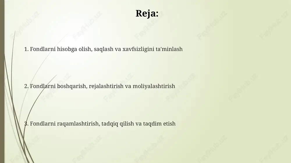 gi nuqtalar) minimal piksellar sonini ta'minlash kerak, bu ob'ektning vizual sifatini yo'qotmasdan arxivlash va oson foydalanish imkonini beradi. qonunchilik, boshqaruv va resurslar muzey fondlarini boshqarish 1998-yilgi “muzeylar to‘g‘risida”gi qonun va unga muvofiq me’yoriy hujjatlar asosida amalga oshiriladi, bu esa hisobga olish tartibini belgilaydi. davlat budjeti muzey faoliyatini moliyalashtirishning asosiy manbai hisoblanadi, lekin grantlar, homiylik va pullik xizmatlardan tushgan 25% mablag‘ ham muhim ahamiyatga ega. muzey fondlarini saqlash va restavratsiya qilish uchun 300 dan ortiq talablar mavjud bo'lib, ularni buzish ma'muriy va jinoiy javobgarlikka olib keladi. e'tiboringiz uchun rahmat slide 1 slide 2 slide 3 slide 4 slide 5 slide 6 slide 7