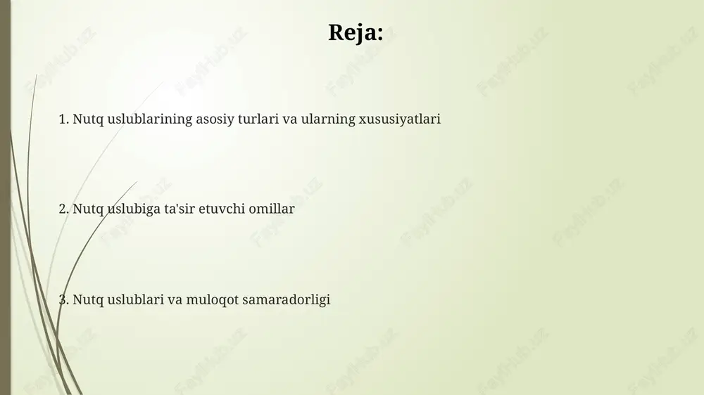 tq uslublari 7 ta asosiy funktsiyani bajaradi, jumladan, axborot berish, ta'sir o'tkazish va ijtimoiy aloqalarni o'rnatish, bu esa muloqot samaradorligiga sezilarli ta'sir qiladi. to'g'ri nutq uslubini tanlash muloqot samaradorligini 80% gacha oshirishi mumkin, chunki bu tinglovchilarning tushunishini va javobini yaxshilaydi. nutq uslublarining funktsiyalari, xususan, emotsional ifodalash va shaxsni namoyon qilish, muloqotda 65% gacha ishonchni oshiradi va samarali ta'sir ko'rsatadi. nutq uslublarini tahlil qilish nutq uslublarini tahlil qilishda 3 xil yondashuv qo'llaniladi: deskriptiv (tasviriy), preskriptiv (me'yoriy) va interpretativ (talqinli). har bir yondashuv o'ziga xos metodlarga ega. nutq uslublarini tahlil qilishda 5 ta asosiy elementga e'tibor qaratiladi: leksika (so'z tanlovi), sintaksis (gap tuzilishi), fonetika (talaffuz), pragmatika (kontekst) va diskurs (nutq oqimi). nutq uslublarini tahlil qilishda 2 turdagi ma'lumotlar ishlatiladi: kvantitativ (raqamli) va kvalitativ (sifatli). raqamli ma'lumotlar so'z chastotasi, sifatli ma'lumotlar esa uslub xususiyatlarini o'z ichiga oladi. nutq uslublarining qo'llanilishi: adabiyot, siyosat va ta'lim ta'limda o'qituvchilar 5-sinf darslarida tushunarli nutq uslubini qo'llab, murakkab …