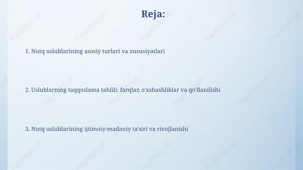 slublarning pragmatik xususiyatlari va ta'siri uslubning pragmatik ta'siri tinglovchilarning e'tiqodiga ta'sir qilishi mumkin, masalan, reklamadagi 99% ishonchlilik darajasi mahsulotga ishonchni oshiradi. nutq uslubi kontekstga bog'liq; masalan, norasmiy uslub xabarning ta'sirini oshirishi mumkin, ayniqsa 20-30 yoshdagi tinglovchilar bilan muloqotda. nutq uslublarining rivojlanishi va o'zgarishi nutq uslublari jamiyatning ijtimoiy-iqtisodiy rivojlanishi, 20-asr texnologiyalari va globalizatsiya ta'siri ostida o'zgaradi, yangi so'zlar va iboralar paydo bo'lishiga olib keladi. urush davridagi nutq uslublari o'zgarishlariga misol bo'la olamiz, bunda 1941-1945 yillardagi ikkinchi jahon urushida vatanparvarlik ruhini ko'tarish uchun ma'lum uslublar rivojlangan. uslublarni tadqiq qilish usullari va misollar so'rovlar shuni ko'rsatadiki, respondentlardan 50% dan ortig'i nutq uslublariga nisbatan o'z munosabatini bildirgan, bu esa ijtimoiy lingvistik tadqiqotda muhim ahamiyatga ega. corpus lingvistikasi 100 ming so'zdan iborat matnlarni tahlil qilishga imkon beradi. shunday qilib, grammatik konstruktsiyalarning tez-tezligi aniqlanib, uslubiy farqlarni o'rganishga yordam beradi. e'tiboringiz uchun rahmat slide 1 slide 2 slide 3 slide 4 slide 5 slide 6 slide 7 …