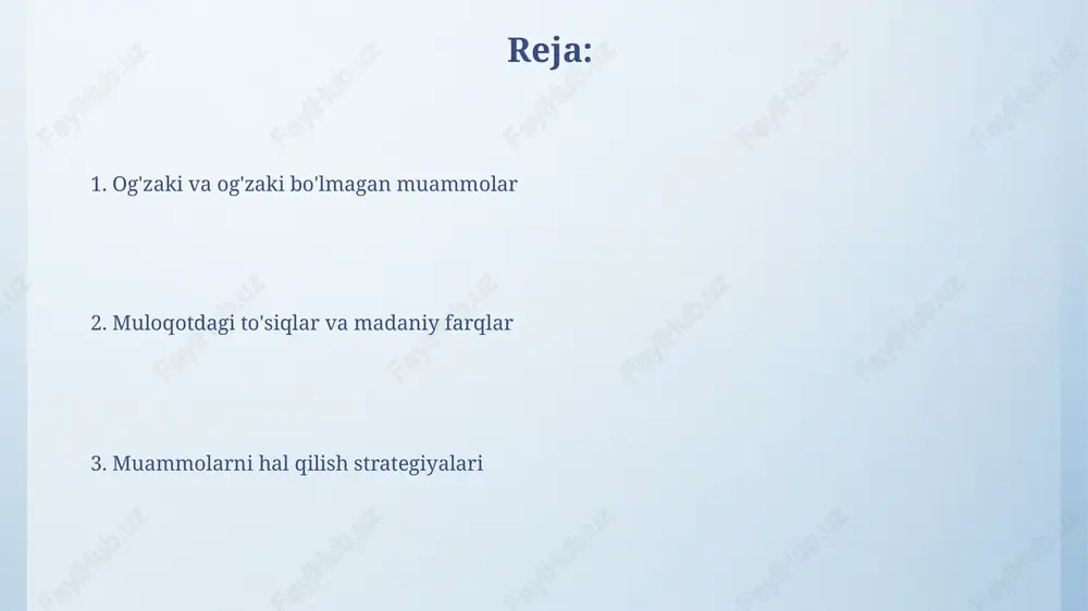 ning nuqtai nazarini 50% dan kam hollarda tushunishga harakat qiladi. muammolarning asosiy sabablari muloqotdagi to'siqlar, masalan, 10% odamda eshitish qobiliyati pastligi, noto'g'ri xabarlarni yetkazishga va tushunmovchiliklarga olib kelishi mumkin, bu esa muammolarni keltirib chiqaradi. madaniy farqlar, xususan, 35 ta davlatda so'zlashuv uslublari har xil bo'lganligi sababli, noto'g'ri talqinlarga olib keladi, bu esa munosabatlardagi keskinlikni keltirib chiqaradi. muammoni hal qilish strategiyalari muammoni aniqlashning 5w1h usuli (kim, nima, qachon, qayerda, nega, qanday) muammoni chuqur tahlil qilib, uning asosiy sabablarini aniqlashga yordam beradi. muammoni hal qilishning 'brainstorming' usuli ko'plab g'oyalarni yaratishga qaratilgan bo'lib, ulardan eng maqbul yechimni tanlab olish imkoniyatini beradi. e'tiboringiz uchun rahmat slide 1 slide 2 slide 3 slide 4 slide 5 slide 6 slide 7 slide 8 slide 9 slide 10