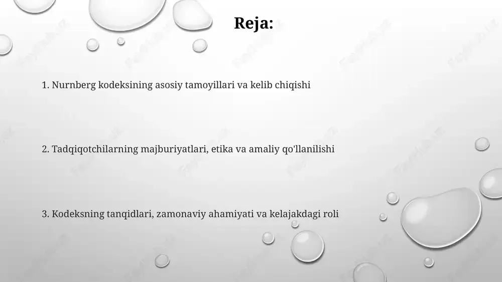 a intilishlari lozim. amaliy qo'llanilishi va qonuniy ta'siri nurnberg kodeksi tibbiyot tadqiqotlariga bevosita qonuniy ta'sir ko'rsatmasa ham, uning 10 ta prinsipi keyinchalik deklaratsiyalarga, masalan, 1964-yildagi xelsinki deklaratsiyasiga asos bo'lib xizmat qildi. kodeksning amaliy qo'llanilishi aqshda 1947- yilda karl brandt va boshqa natsist shifokorlar ishi bo'yicha hukmga ta'sir ko'rsatdi, bu tadqiqot axloqiy me'yorlarining muhimligini ta'kidladi. nurnberg kodeksi keyinchalik milliy qonunchilikka kiritilgan qoidalarni shakllantirishda muhim rol o'ynadi, bu esa tadqiqot ishtirokchilarining huquqlarini himoya qilishning global standartini o'rnatdi. tanqid, cheklovlar va zamonaviy ahamiyati kodeksning cheklovlaridan biri, u asosan zo'ravonlik bilan olingan ma'lumotlarga javoban ishlab chiqilgan va kundalik tibbiy tadqiqotlarga moslashishda 2-darajali bo'lishi mumkin. ba'zi tanqidlar nurenberg kodeksi qat'iy bo'lib, 10 ta moddasi eksperimental tadqiqotlarda doimo moslashuvchanlikni ta'minlamaydi, bu esa amaliyotda qiyinchiliklar tug'diradi. nurenberg kodeksi zamonaviy tibbiy etikaga katta ta'sir ko'rsatdi; uning 10 ta tamoyili bemorning roziligi va tadqiqot yaxlitligini ta'minlashda haligacha asosiy rol o'ynaydi. kelajakdagi roli klinik sinovlar global miqyosda kengaygani sababli, nuremberg …