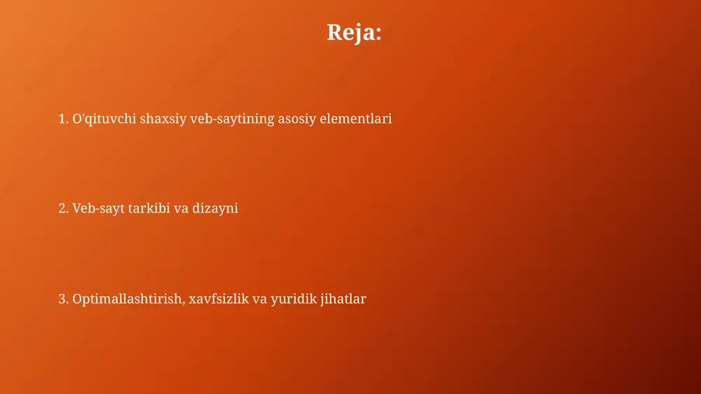 da bo'limlar yaratish, unda dars rejalari, vazifalar topshirish sanalari va qo'shimcha 5-10 ta interaktiv o'quv resurslari joylashtirilishi mumkin. o'qituvchi o'z resurslar sahifasida 2-3 ta eng foydali o'quv adabiyotlari, ilmiy maqolalar va veb-saytlarning annotatsiyalari bilan birga havola (link)larni joylashtirishi mumkin. aloqa va ijtimoiy media o'qituvchining saytida aniq aloqa ma'lumotlarini, masalan, ish elektron pochtasi va telefon raqamini ko'rsating, talabalarning savollariga 24- 48 soat ichida javob berishni ta'minlang. ijtimoiy media havolalarini strategik joylashtiring (masalan, pastki qismida yoki aloqa sahifasida), lekin ularni faol ravishda boshqaring, oxirgi 3 oy ichida kamida 1 ta post qo'ying. optimallashtirish, xavfsizlik va yuridik jihatlar sayt tezligini optimallashtirish uchun rasmlarni siqish, brauzer keshini sozlash va cdnlardan foydalanish lozim, bu seo reytingini yaxshilaydi va foydalanuvchi tajribasini oshiradi. shaxsiy ma'lumotlarni himoya qilish uchun ssl sertifikatidan foydalaning, kuchli parollarni qo'llang va saytni muntazam ravishda zaifliklarni aniqlash uchun tekshirib turing. e'tiboringiz uchun rahmat slide 1 slide 2 slide 3 slide 4 slide 5 slide …