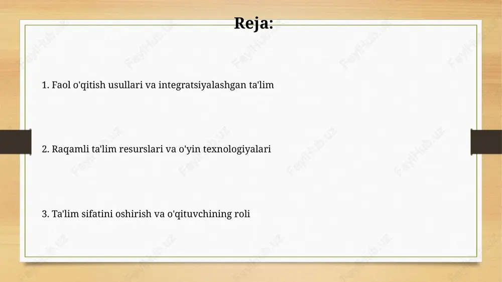 ul samaradorlikni 25-30% ga oshirishi mumkin. individual yondashuv o'quvchining 80% darsga jalb etilishini ta'minlaydi, chunki o'quv materiallari uning shaxsiy ehtiyojlariga moslashtiriladi. pedagoglar 2-3 xil differensial topshiriqlar beradi. shaxsga yo'naltirilgan ta'lim shaxsga yo'naltirilgan ta'lim o'quvchining 100% individual ehtiyojlarini hisobga oladi, har bir talabaning qobiliyati, qiziqishlari va o'rganish tezligiga moslashtirilgan 5 asosiy ta'lim strategiyasini qo'llaydi. ushbu ta'lim turi, 3 asosiy komponent - talaba faolligi, o'qituvchi ko'magi va individual o'quv rejasini o'z ichiga oladi, bunda talabaning 7 muhim kompetensiyasini rivojlantirishga e'tibor qaratiladi. masofaviy ta'lim texnologiyalari masofaviy ta'lim texnologiyalari real vaqt rejimida (sinxron) darslar uchun videokonferensaloqa platformalaridan (masalan, zoom, google meet) foydalanadi, bu interaktivlikni oshiradi. onlayn kurslar (coursera, edx) va o'quv resurslari uchun lms (learning management system) tizimlari (masalan, moodle) talabalarga 24/7 kirish imkonini beradi va o'quv jarayonini avtomatlashtiradi. raqamli ta'lim resurslari raqamli taʼlim resurslari 24/7 kirish imkoniyatini beradi, bu esa oʻquvchilarga istalgan vaqtda va joyda 1000 dan ortiq interaktiv mashqlar, videolar va simulyatsiyalardan …