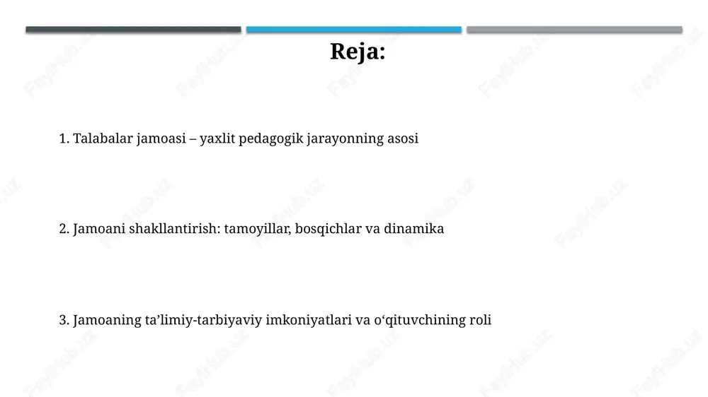 a'zolari o'rtasida 1+1=3 effekti kuzatilib, har bir talaba o'zining bilim va tajribasini ulashib, umumiy natijaga katta hissa qo'shishi mumkin. jamoaviy ish jarayonida 'ijtimoiy dangasalik' fenomeni yuzaga kelishi mumkin, bunda ayrim talabalar o'z hissasini kamaytiradi va boshqalarning mehnatiga tayanadi. o'qituvchining jamoada roli va vazifalari o'qituvchi jamoada 1-darajali fasilitator bo'lib, samarali guruh dinamikasini shakllantiradi, konstruktiv muloqotni rivojlantiradi va talabalar o'rtasida 2 tomonlama hurmatni o'rnatadi. o'qituvchining asosiy vazifasi - jamoaviy loyihalarni boshqarish, 3-darajali murakkab topshiriqlarni ajratish va har bir talabaning hissasini adolatli baholash mezonlarini ishlab chiqishdir. xulosa va tavsiyalar talabalar jamoalarini rivojlantirish uchun 1-2 kurslarda jamoa tuzish ko'nikmalariga e'tibor qaratish, 3-4 kurslarda esa professional jamoa ishlash tajribasini oshirish muhim. jamoaviy loyihalarni baholashda nafaqat yakuniy natija, balki har bir talabaning qo'shgan hissasi (masalan, 30% individual, 70% jamoa) alohida baholanishi kerak. e'tiboringiz uchun rahmat slide 1 slide 2 slide 3 slide 4 slide 5 slide 6 slide 7 slide 8 slide 9 slide 10