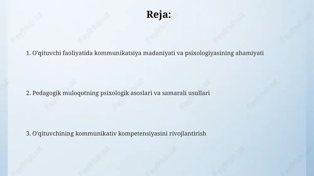 rni tushunishni ham o'z ichiga oladi, bu esa 80% kommunikatsiyaning nonverbal ekanligini ko'rsatadi. nizolarni hal qilish va munosabatlarni boshqarish konfliktlarni hal qilishda "g'alaba-g'alaba" yondashuvi 7 qadamdan iborat bo'lib, muammoni aniqlash, yechim variantlarini ishlab chiqish va baholashni o'z ichiga oladi. munosabatlarni boshqarishning 5 asosiy tamoyili: hurmat, empatiya, aniqlik, faol tinglash va 90/10 qoidasiga rioya qilish orqali konstruktiv muloqotni ta'minlash. nizolarni hal qilishda muzokaralar jarayoni 3 bosqichdan iborat: tayyorgarlik (ma'lumot to'plash), muhokama (pozitsiyalarni ifodalash) va kelishuvga erishish (o'zaro manfaatli yechimlar). o'quvchilar, ota-onalar va hamkasblar bilan muloqot ota-onalar bilan muloqotda o'quvchining 8 ta asosiy rivojlanish sohasi bo'yicha muntazam ravishda progress haqida ma'lumot berib, 5 daqiqalik qisqa uchrashuvlar tashkil etish maqsadga muvofiq. o'quvchilar bilan samarali muloqotda ularning yosh xususiyatlarini hisobga olish, ya'ni, 7-11 yoshdagilar uchun oddiy, 12-15 yoshdagilar uchun esa hurmatga asoslangan yondashuv zarur. hamkasblar bilan muloqotda 360 daraja baholash usulidan foydalanib, o'zaro fikr almashish va pedagogik tajribani oshirish uchun 1 oyda kamida 2 …