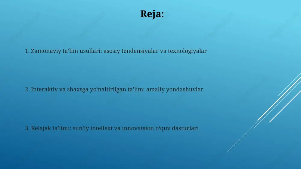 iyojlarini hisobga oladi, masalan, individual o'quv rejalari tuzish orqali, bu esa motivatsiyani oshiradi. baholash usullari va inklyuziv ta'lim inklyuziv ta'limda baholash individual rivojlanish rejasiga (irp) asoslanishi kerak, bu o'quvchining 100% potensialiga erishish uchun aniq maqsadlarni belgilaydi. shaxsga yo'naltirilgan baholash usullari, masalan, 360 daraja baholash, inklyuzivlikni oshiradi, chunki u o'quvchining ko'nikmalarini turli xil nuqtai nazarlardan baholaydi. o'qituvchi va o'quvchining roli zamonaviy ta'limda o'qituvchi endi faqat ma'lumot beruvchi emas, balki 21-asr ko'nikmalarini rivojlantiruvchi yo'naltiruvchi va fasilitator rolini bajaradi, talabalarni mustaqil o'rganishga undaydi. o'quvchilar faol ishtirokchi bo'lib, o'z ta'limlari uchun mas'uliyatni o'z zimmasiga oladilar, guruhlarda hamkorlik qiladilar va loyihalarda ijodiy fikrlashdan foydalanadilar, 100% ishtirok etishga harakat qiladilar. ta'lim siyosati, sun'iy intellekt va kelajak tendentsiyalari ta'lim siyosati ai integratsiyasini 2025-yilgacha osonlashtirishga qaratilgan bo'lib, o'quv dasturlariga moslashtirish uchun 10 million dollarlik subsidiya ajratadi va o'qituvchilarning ai savodxonligini oshirish kurslarini qo'llab- quvvatlaydi. sun'iy intellekt yordamida baholash tizimlari o'quvchilarning individual ehtiyojlariga moslashtirilgan holda 30% ga ko'proq aniqlik …