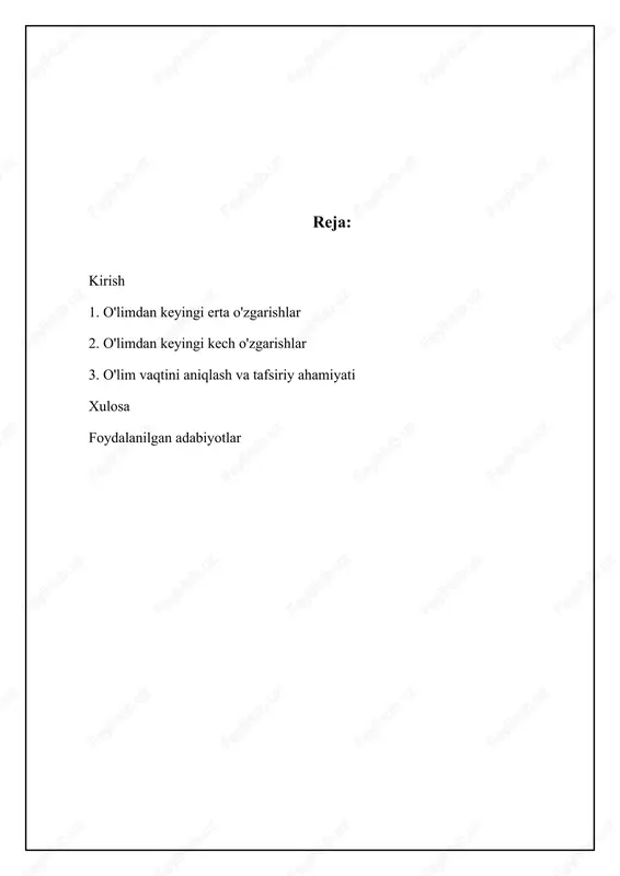 datda, tana birinchi soatlarda soatiga taxminan 1-1.5 daraja selsiyga soviydi. bu jarayon atrof-muhit harorati bilan tana harorati tenglashguncha davom etadi. sovuq qotishni baholash o'lim vaqtini aniqlashda muhim ahamiyatga ega. glaister tenglamasi kabi turli xil formulalar o'lim vaqtini taxmin qilish uchun ishlatilishi mumkin, ammo ular faqat taxminiy hisoblanadi va turli xil omillarni hisobga olish kerak. masalan, qalin kiyim kiygan yoki issiq xonada o'lgan jasad sovish sekinroq bo'ladi. aksincha, yalang'och holda sovuq muhitda o'lgan jasad tezroq soviydi. tibbiyot sud ekspertizasi sovuq qotish tezligini aniqlashda jasadning og'irligi, kiyimlari va atrof-muhit haroratini hisobga oladi. o'limdan keyingi erta va kech o'zgarishlar statistikasi📊 ushbu statistika o'limdan keyin ro'y beradigan asosiy o'zgarishlar (erta va kech) haqida ma'lumot beradi, xususan tana haroratining o'zgarishi (sovuq qotish)ga e'tibor qaratiladi. harorat pasayish tezligi (dastlabki 12 soat) 0.8-1.0 °c/soat o'limdan keyingi dastlabki 12 soat ichida tana harorati har soatda o'rtacha 0.8 dan 1.0 daraja selsiygacha pasayadi. harorat pasayish tezligi (12 soatdan keyin) …