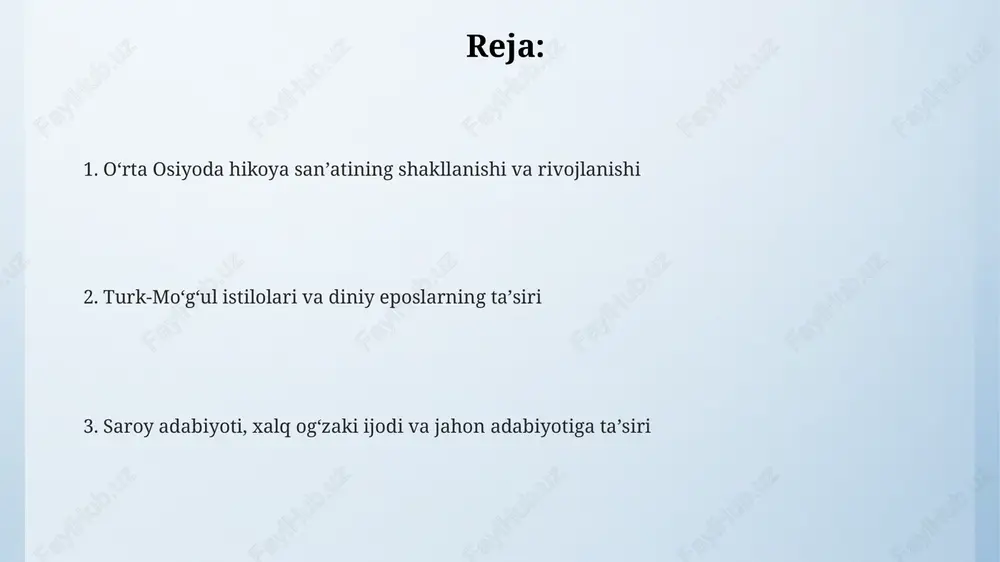 ivojlantirib, qahramonlik eposlari va didaktik she'rlarni yaratgan asosiy shaxslar edi. hikoyachilar o'z mahoratini avloddan-avlodga o'tkazib, o'z ijodlarida 7-8-asrlar diniy va dunyoviy motivlarini mahorat bilan birlashtirgan. saroy shoirlari va xalq hikoyachilari turli auditoriyalar uchun asarlar yaratib, 10 dan ortiq janr va uslublarni rivojlantirib, adabiy xilma-xillikka hissa qo'shgan. qo'lyozmalar va miniatyuralar: hikoyalarning vizual ifodasi qo'lyozmalar hikoyalarni saqlash bilan birga, 100 dan ortiq miniatyuralar orqali markaziy osiyo madaniyati, urf-odatlari va an'analarini vizual tarzda hujjatlashtirgan. qo'lyozmalardagi miniatyuralar voqealar rivojini vizual tarzda aks ettirib, o'quvchilarga 12-16-asrlarda hikoyalarni tushunishga yordam bergan. ular badiiy ifodaning muhim vositasi bo'lgan. miniatyuralar hikoyalarni jonlantirish uchun oltin, lapis lazuli kabi qimmatbaho materiallardan foydalangan, bu esa ularning 14-15-asrlarda naqadar qadrlanganini ko'rsatadi. saroy adabiyoti va xalq og'zaki ijodi: o'zaro ta'sir va farqlar 14-15-asrlarda saroy adiblari xalq og'zaki ijodidan ilhomlanib, uning motivlarini o'z asarlariga kiritgan, natijada ikki adabiyot o'rtasida o'zaro ta'sir kuchaygan va adabiyot rivojlangan. saroy adabiyoti 11-12-asrlarda yuqori uslubda yozilgan she'rlar bilan ajralib …