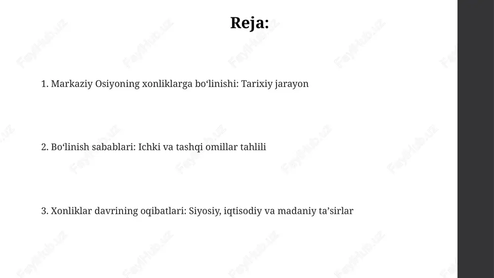 movarounnahrga kirib kelishi siyosiy beqarorlikni oshirdi. shayboniylar sulolasi hukmronligi qisqa muddatli birlikni ta'minladi, lekin keyinchalik taxt uchun kurashlar xonliklarning shakllanishiga turtki berdi. xonliklarning shakllanishi va rivojlanishi xonliklarning shakllanishi 16-asrda shayboniylar davlatining zaiflashuvi natijasida yuzaga keldi, bu esa mahalliy hokimlar hokimiyatini mustahkamlab, o'zaro urushlarga sabab bo'ldi. xvi asr oxirida buxoro xonligi markazlashgan hokimiyatni tiklashga harakat qildi, ammo qo'qon va xiva xonliklari mustaqil siyosat yuritib, mintaqaviy raqobatni kuchaytirdi. xonliklarning rivojlanishi buyuk ipak yo'lidagi savdo aloqalari orqali ta'minlandi, ammo doimiy urushlar va ichki nizolar iqtisodiy o'sishga to'sqinlik qildi, 18-19-asrlarda. fragmentatsiyaning siyosiy oqibatlari markaziy hokimiyatning yo'qligi feodal ajdodlar hokimiyatini kuchaytirdi, bu esa 1860-1880-yillarda rossiya imperiyasining bosqinini osonlashtirdi, chunki xonliklar yagona kuch sifatida birlasha olmadilar. xonliklarga bo'linish doimiy urushlar va siyosiy beqarorlikka olib keldi, bu esa xvii-xix asrlarda mintaqada 3 asosiy xonlik - buxoro, qo'qon va xiva o'rtasida hududiy nizolarni keltirib chiqardi. siyosiy parchalanish savdo yo'llarining nazoratini bo'lishishga olib keldi, buning natijasida har bir xonlik …