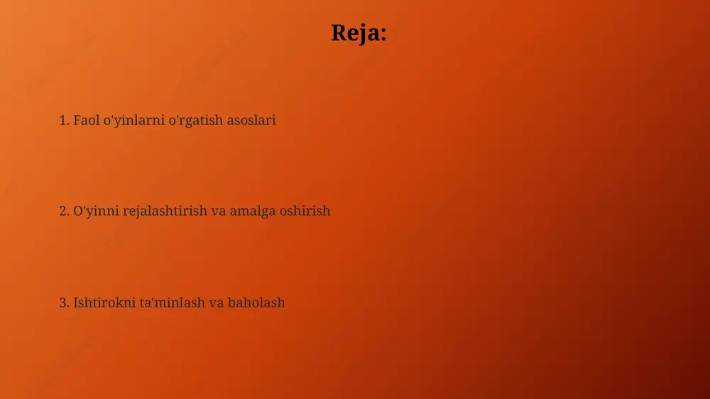 nlik uchun 1 dan 5 gacha ball beradigan mukofot tizimini qo'llang. bu, ayniqsa, kamroq sportchilarni rag'batlantiradi va ishtirokni oshiradi. o'yinlarga raqobatbardoshlikdan ko'ra, o'zaro yordam va kooperativlikni ta'kidlang, guruhlarga erishilgan har bir 10 ta muvaffaqiyat uchun qo'shimcha ochkolar bering. “o’yin ustasi” unvonini joriy eting, har bir o'yinda 75% ishtirok etgan bolalarga o’yinning mohiyatini anglaganliklarini e’tirof etish uchun sertifikatlar beriladi. guruhni boshqarish texnikalari va baholash baholash uchun 'o'yin kuzatuvi varaqalarini' qo'llang. ishtirokchilarning ko'nikmalarini, jamoaviy ishini va qoidaga rioya qilishini baholash uchun 5 ballik shkala va to'liq izohlar bilan aniq mezonlarni belgilang. 'signal tizimidan' foydalaning: qo'ng'iroq, hushtak yoki qo'l harakatlari. 3 martadan ortiq takrorlashdan saqlaning va ko'rishga imkon beruvchi joyda joylashtiring, diqqatni jalb qiling va ko'rsatmalarga rioya qiling. guruhni boshqarish uchun 'yaqin' strategiyasini qo'llang: y - yordamni so'rang, a - aniq ko'rsatmalar bering, q - qoidalar o'rnating, i - ishtirokni rag'batlantiring, n - natijalarga e'tibor bering. maxsus ehtiyojli bolalar uchun o'zgartirishlar va o'yin …
