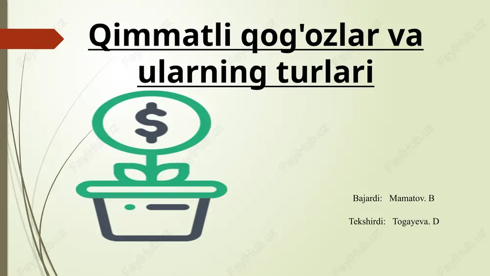 xaridorlarning to'planadigan joyidir. shuningdek, qimmaatli qog’ozlar bozori tarqatish funksiyasini ham bajaradi. yig'ilgan kapital bir korxonadan ikkinchisiga o'tib, iqtisodiyotning turli tarmoqlari o'rtasida taqsimlanadi. davlat zayomlarini chiqarish orqali davlat byudjeti taqchilligini bartaraf etish ham ushbu funksiyaga tegishli. va nihoyat, qimmatli qog’ozlar bozori chet el sarmoyasini jalb qilish vositasihamdir. masalan, agar o’zbekiston bozorida yangi va istiqbolli kompaniya paydo bo'lsa, uni rivojlantirish uchun xorijiy investorlarning pullarini jalb qilishi mumkin, u esa yana o’zbekiston bozoridan foydalanadi. shunday qilib, bu nafaqat xorijiy kapitalni jalb qilgan kompaniya uchun, balki o’zbekiston aholisi uchun ham foydali bo'ladi, chunki yangi ish o`rinlari yaratiladi. bu esa kompaniya ishlayotgan mamlakat yoki mintaqaning byudjetiga foyda keltiradi, yangi sanoat tarmoqlari ham vujudga kelishi ham mumkin. • qimmatliqog&amp;amp;apos;ozlarbilan faoliyat ko’rsatuvchikompaniyalarvositachivazifasinibajaradilar. bank bo’lmagan model(aqsh) • banklarvositachilikvazifasinibajaradila . bank modeli(germaniya) • vositachilarhambanklar,hamqimmatliqog&amp;amp;apos;ozlarbilan faoliyat ko’rsatuvchikompaniyalarvositachivazifasinibajaradilar. aralash model(yaponiya) tarixan, bank yoki bank bo'lmagan xususiyatiga qarab, qimmatli qog’ozlar bozorining uchta shartli modeli mavjud. amerikaning bank bo'lmagan modeli  ushbu bozor …