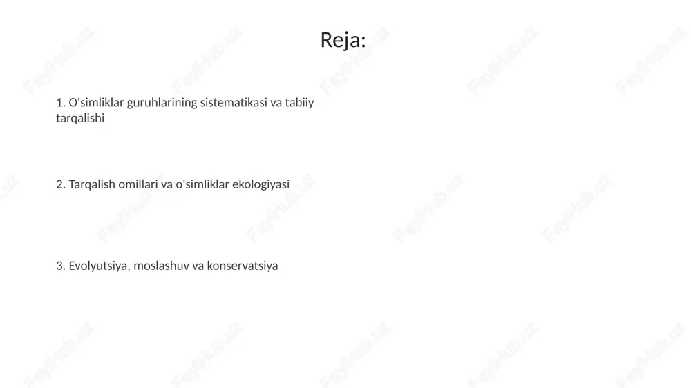 mliklarning tarqalishini belgilaydi, chunki ma'lum turlar muayyan iqlim sharoitlariga evolyutsion tarzda moslashgan 25-35 °c optimal harorat kabi. geografik to'siqlar va biotik omillar ta'siri tog'lar kabi geografik to'siqlar urug'larning tarqalishiga jiddiy ta'sir qiladi, natijada 5000 metrdan baland tog' tizmalarida endemik o'simlik turlari ko'payadi. o'simliklar bilan oziqlanadigan hayvonlar (fitofaglar) o'simliklarning tarqalishini cheklashi mumkin, ayniqsa, ular o'simlikning 80% dan ortig'ini iste'mol qilsa, bu regeneratsiyani to'xtatadi. raqobat biotik omil sifatida o'simliklarning tarqalishini o'zgartiradi; dominant turlar resurslarni egallab, boshqa turlarning tarqalishini 30% gacha kamaytirishi mumkin. evolyutsiya, moslashuv va endemizm o'simliklarning evolyutsiyasi 470 million yil oldin quruqlikka ko'chib o'tish bilan bog'liq bo'lib, bu moslashuvlar, masalan, suv yo'qotilishiga qarshi himoya qatlami, quruqlikda omon qolishga imkon berdi. o'simliklarning moslashuvi, masalan, kaktuslardagi suvni saqlash uchun etli barglar, ularning turli xil muhitlarga moslashishini aks ettiradi, bu ularning geografik taqsimotini shakllantiruvchi asosiy omil hisoblanadi. endemizm, masalan, o'zbekistonda faqat ma'lum hududda uchraydigan o'simlik turlari, geografik izolyatsiya va o'ziga xos iqlim sharoitlari natijasida …