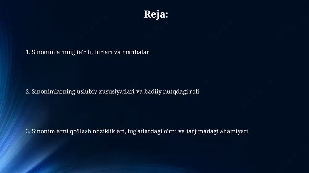 nuqson' kabi sinonimlar matnga turli intensivlik darajalarini beradi, natijada ta'sirchanlik ortadi. sinonimlarning lug'at tarkibidagi o'rni sinonimlar lug‘at tarkibini boyitadi, so‘zlarning ma’no qirralarini ochib, nutqning aniqligi va ta’sirchanligini oshiradi, 70% gacha so‘z boyligini tashkil etishi mumkin. o‘zbek tilida 20 dan ortiq sinonimik qatorlar mavjud bo‘lib, ular tilning leksik boyligini ko‘rsatadi va 5000 ga yaqin sinonim birliklarini o‘z ichiga olishi mumkin. sinonimlar lug‘aviy aloqalarni mustahkamlaydi, ma’noviy munosabatlarni rivojlantiradi va tilning sistemaliligini ta’minlaydi, bu esa 3 asosiy vazifadan biridir. sinonimlarni qo'llashdagi nozikliklar kontekst sinonimlarni tanlashda muhim rol o'ynaydi. agar 3 ta so'z bir ma'noni bildirsa ham, ularning ishlatilishi gapning umumiy mazmuniga bog'liq, bu adabiyotda 1-darajali ahamiyatga ega. sinonimlarni ishlatishda noziklik, ularning uslubiy bo'yog'ida, ya'ni bir so'z hissiy-emotsional rangga ega bo'lishi, ikkinchisi esa neytral bo'lishi mumkin, masalan, "qo'rqoq" va "jur'atsiz" 2 ta variant. sinonimlarning qo'llanilishidagi nozikliklardan biri, ularning ma'no farqlaridir. deyarli sinonimlar 4 xil ma'noni bildiradi, lekin ularning orasida kichik, ammo muhim farqlar mavjud. …