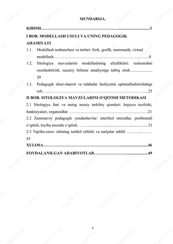 lari ilmiy va pedagogik nuqtai nazardan katta ahamiyatga ega. an’anaviy o‘qitish usullari — leksiya, laboratoriya mashg‘ulotlari va vizual materiallar talabalarga hujayra tuzilishi va organoidlarning asosiy xususiyatlarini tushuntirishda muhim rol o‘ynaydi. biroq, tez rivojlanayotgan ilmiy kashfiyotlar, yangi laboratoriya texnologiyalari va virtual platformalar shuni talab qiladiki, sitologiya mavzularini o‘qitishda zamonaviy interfaol metodlar va modellash usullaridan foydalanish zarur. shu nuqtai nazardan, sitologiyani o‘qitishda modellash usuli pedagogik jarayonning samaradorligini oshirish, talabalarda tushunishni chuqurlashtirish va amaliy ko‘nikmalarni shakllantirish uchun muhim vosita sifatida qaraladi. modellash usuli — bu murakkab biologik jarayonlarni soddalashtirilgan, vizual yoki interaktiv shaklda talabalarga taqdim etish imkonini beruvchi pedagogik vositadir. u o‘quv jarayonini nafaqat qiziqarli va interfaol qiladi, balki talabalarda abstrakt tushunchalarni konkret obrazlar orqali o‘zlashtirish imkoniyatini yaratadi. masalan, hujayra organoidlarini 3d modellar, interaktiv animatsiyalar yoki laboratoriya eksperimentlari yordamida ko‘rsatish, talabalarning bilimini chuqurlashtiradi, ularning mantiqiy tafakkurini rivojlantiradi va nazariy bilimlarni amaliy mashg‘ulotlar bilan bog‘lashga yordam beradi. shuningdek, modellash 4 jarayonida talabalarda kreativ fikrlash, …