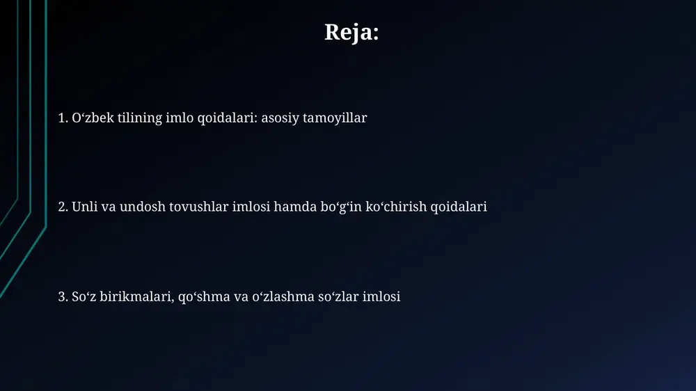ni (masalan, tok, gul) ko'chirish mumkin emas; bu qoida so'zning buzilmasligini ta'minlaydi va o'qishni osonlashtiradi. agar so'zda unlidan keyin undoshlar guruhi kelsa, ko'chirish unlidan keyin amalga oshiriladi; masalan, 'mart-aba' kabi, bu holatda ikki undosh ajratiladi. qo'shma so'zlarda ko'chirish so'zlar orasidagi chegarada bo'ladi; 'bosh-vaz-ir' kabi, bu ikki so'zning ajratilganligini ko'rsatadi. qoʻshma va oʻzlashma soʻzlar imlosi oʻzlashma soʻzlar imlosi tarixan oʻzgarib borgan; arab, fors va rus tillaridan kirib kelgan soʻzlar fonetik oʻzgarishlarga uchragan. masalan, "teatr" soʻzi rus tilidan kirgan boʻlib, oʻzbek tilida talaffuzi biroz farq qiladi. qoʻshma soʻzlar imlosida ikki yoki undan ortiq soʻzdan yasalgan birliklar mavjud boʻlib, ular asosan qoʻshib yoziladi. ba'zi hollarda, masalan, "ish yuritish" kabi, chiziqcha (tire) orqali ajratiladi. 1995-yilgi qoidalarga asosan bu holatlar tartibga solingan. oʻzlashma soʻzlarning imlosi ba'zan fonetik tamoyilga zid boʻlishi mumkin. masalan, "byudjet" soʻzi oʻzbek tilining fonetik qonuniyatlariga toʻliq mos kelmasa ham, shunday yozilishi 2019-yilgi imlo qoidalarida belgilab qoʻyilgan. bosh harflar imlosi kitoblar, gazetalar, jurnallar …