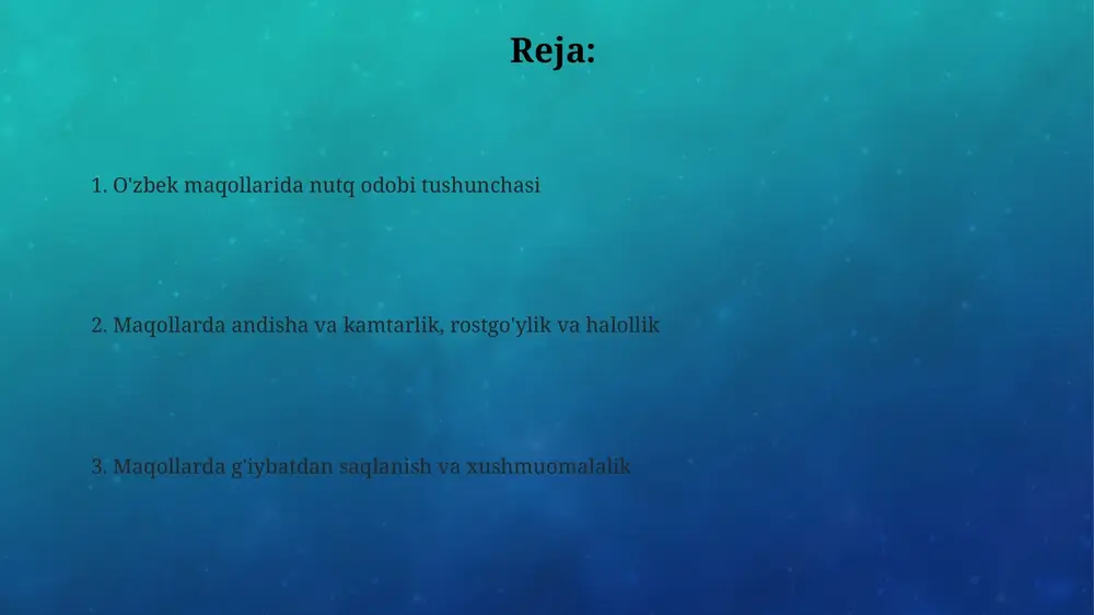tiq maqollarda insonning go'zalligi sifatida ko'rsatiladi. kamtarlikni targ'ib qiluvchi maqollarda 'yetti o'lchab, bir kes' degan hikmat bor, bu 7 marta o'ylab keyin gapirish kerakligini uqtiradi, andishaga undaydi. andisha va kamtarlik insonni 360 gradusga o'zgartirishi mumkinligi haqida maqollar mavjud, bu esa jamiyatda hurmatga sazovor bo'lishning kalitidir. maqollarda rostgo'ylik va halollik « halol mehnat – abadiy davlat» maqolida halollikning moddiy boylikdan afzal ekanligi, uning doimiy va barqaror ekanligi, 100 yil o'tsa ham qadri yo'qolmasligi ta'kidlangan. « rost gapirsang, og'zing kuyadi, yolg'on gapirsang, yuzing», degan maqolda rostgo'ylik oqibatidan qo'rqish, ammo yolg'onning sharmandaligi abadiyligi ta'kidlanadi. «bir yolg'on ming balo keltirar», degan maqol yolg'onning zanjir reaktsiyasi kabi ko'payib, ko'plab muammolarni keltirib chiqarishi mumkinligi haqida ogohlantiradi. maqollarda g'iybat va bo'htondan saqlanish "og'zing qiyshayguncha, ko'zing qiyshaysin" maqoli g'iybat va yolg'on gapirishdan ko'ra, xatolarimizni tan olish yaxshiroq ekanligini 100% isbotlaydi. "yetti o'lchab bir kes" maqoli g'iybat qilishdan oldin oqibatini o'ylab ko'rishga undaydi, shaxsning obro'siga putur yetkazishdan saqlanishning muhimligini …