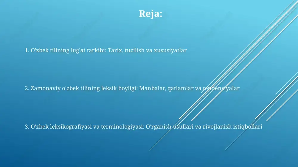 'lgan yangi tushunchalarni ifodalash uchun ishlatiladi. dialektlarning lug'atga ta'siri o'zbek dialektlari lug'atga 10-20% ta'sir ko'rsatadi; masalan, ayrim shevalarda 'katta' o'rniga 'ulug'' so'zi qo'llaniladi, bu adabiy tilga o'tishi mumkin. ba'zi dialektlarda saqlanib qolgan arxaik so'zlar, masalan, 500 yillik tarixga ega 'chirmoviq' kabi atamalar, adabiy til lug'atini boyitadi va unga o'ziga xoslik beradi. dialektlar orqali yangi so'zlar va iboralar paydo bo'lishi kuzatiladi; misol uchun, 'g'oz tuyoq' o'simligining mahalliy nomi adabiy tilga 30 yildan so'ng kirib kelishi mumkin. xalqaro so'zlar va ularning o'zbek tilidagi o'rni ko'plab xalqaro so'zlar, xususan, lotin yoki grek tillaridan kirib kelgan terminlar (masalan, 'biologiya' yoki 'geometriya'), ilmiy va akademik sohalarda muhim o'rin tutadi. o'zbek tiliga kirib kelgan xalqaro so'zlar, masalan, 'kompyuter' yoki 'internet', tilning leksik boyligini oshirib, texnologik va ijtimoiy o'zgarishlarni aks ettiradi. xalqaro so'zlarning o'zbek tilida qo'llanilishi, tilning global integratsiyasini ko'rsatadi, lekin shu bilan birga milliy o'zlikni saqlash va soflikni ta'minlash masalasini ham ko'taradi. neologizmlar: yangi so'zlar va …