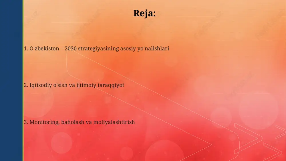 tizimida 2030 yilga borib aholining o'rtacha umr ko'rish davomiyligini 76 yoshga yetkazish maqsad qilingan, bu profilaktika va diagnostika sifatini oshirish orqali amalga oshiriladi. davlat boshqaruvi va qonun ustuvorligini ta'minlash davlat boshqaruvida fuqarolarning ishtirokini kengaytirish maqsadida "fuqarolar budjeti" amaliyotini 2030 yilgacha respublikaning barcha hududlarida joriy etish rejalashtirilgan. qonun ustuvorligini ta'minlash uchun sud hokimiyatining mustaqilligini mustahkamlash, xususan, sudyalarning vakolat muddatini 5 yildan 10 yilgacha uzaytirish ko'zda tutilgan. 2030 yilgacha davlat xizmatchilarining professionalizm darajasini oshirish uchun ularni har 3 yilda kamida bir marta malaka oshirish kurslarida o'qitish tizimi joriy etiladi. raqamlashtirish va innovatsion rivojlanish sun'iy intellekt, katta ma'lumotlar va blokcheyn texnologiyalarini keng joriy etish orqali iqtisodiyotning raqamli transformatsiyasi 2030 yilga qadar yaim o'sishiga sezilarli hissa qo'shadi. 2030 yilgacha barcha davlat xizmatlarining kamida 85 foizini elektron shaklga o'tkazish rejalashtirilgan, bu esa qog'ozbozlikni kamaytiradi va xizmatlardan foydalanishni osonlashtiradi. 2030 yilga qadar it sohasida kamida 100 mingta yuqori malakali mutaxassisni tayyorlash va ularning ish bilan ta'minlanishini …
