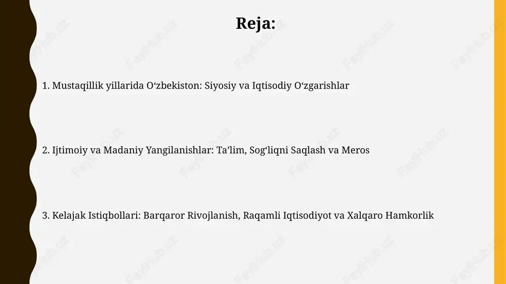 ibbiy xizmatlardan foydalanish imkoniyatini oshirish maqsadida. qishloq xo'jaligi transformatsiyasi va investitsiya muhiti oʻzbekiston qishloq xoʻjaligida klaster tizimi joriy etilishi 2019-yildan boshlab paxta va gʻalla yetishtirishni modernizatsiya qilib, xususiy investitsiyalarni jalb qilishga qaratilgan. 2017-yildan boshlab oʻzbekiston agrar sohada investorlar uchun soliq imtiyozlari va subsidiyalar berib, qishloq xoʻjaligi mahsulotlarini qayta ishlashga yoʻnaltirilgan loyihalarni qoʻllab-quvvatlamoqda. raqamli iqtisodiyot va fuqarolik jamiyatining rivojlanishi 2017-yildan beri oʻzbekistonda "raqamli oʻzbekiston – 2030" dasturi amalga oshirilib, bu davlat xizmatlarining 85%ini onlaynga oʻtkazishni maqsad qilgan va fuqarolar ishtirokini kengaytirmoqda. oʻzbekistonda it-parklar soni 14 taga yetdi, bu yerda 1000 dan ortiq startaplar faoliyat yuritib, raqamli iqtisodiyotning 5% dan ortiq qismini tashkil etadi hamda fuqarolik faolligini oshiradi. kelajak istiqbollari va barqaror rivojlanish tendensiyalari o'zbekiston 2030-yilgacha bmtning barqaror rivojlanish maqsadlariga erishishni maqsad qilgan, bunda yashil iqtisodiyotga investitsiyalar 30 foizga oshiriladi. kelajakda o'zbekiston sanoatda 4.0 texnologiyalarini joriy etish, it parklar sonini 2 barobarga ko'paytirish va raqamli iqtisodiyotni rivojlantirishga e'tibor qaratadi. e'tiboringiz uchun rahmat …