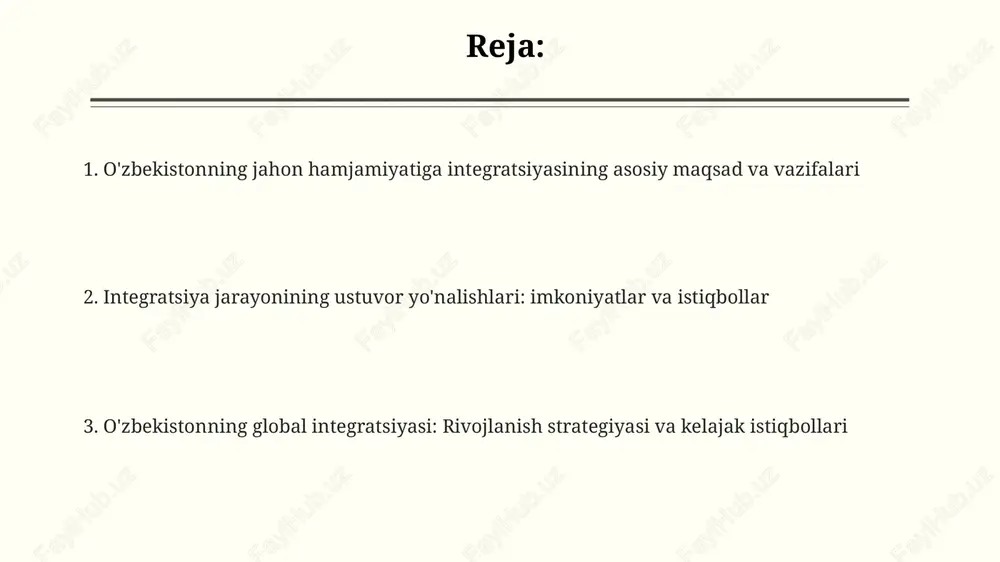 rish orqali global bozorlarda raqobatbardoshlikni ta'minlashdir. o'zbekistonning iqtisodiy integratsiya vazifalaridan biri – yaimni 10 milliard dollarga ko'paytirish uchun xorijiy investitsiyalarni jalb qilish, zamonaviy texnologiyalarni joriy etish orqali modernizatsiyalashga yo'naltirishdir. siyosiy integratsiya va global hamkorlik o'zbekistonning siyosiy integratsiyasi bmt va shht kabi xalqaro tashkilotlarda faol ishtirok etishni o'z ichiga oladi, bu global siyosatda mamlakat rolini kuchaytiradi. o'zbekistonning tashqi siyosiy kursida markaziy osiyo davlatlari bilan 5 tomonlama hamkorlikni mustahkamlash strategik ahamiyatga ega bo'lib, barqarorlikni ta'minlaydi. o'zbekistonning siyosiy integratsiyasi xalqaro huquq normalari va tamoyillariga asoslangan bo'lib, 10 dan ortiq xalqaro shartnomalarga qo'shilish orqali amalga oshiriladi. madaniy va gumanitar integratsiyaning roli gumanitar sohada 2023-yilda 30 dan ziyod qo'shma loyihalar amalga oshirildi. bu loyihalar ta'lim, sog'liqni saqlash va ijtimoiy himoya sohalarida hamkorlikni mustahkamlashga qaratilgan. madaniy almashinuv dasturlari 2024-yilda yosh avlodning jahon madaniyatiga qiziqishini oshirish, xalqaro tushunishni rivojlantirish maqsadida 15 dan ortiq davlat bilan faol amalga oshirilmoqda. o'zbekiston madaniyatini xalqaro miqyosda targ'ib qilish maqsadida har yili …