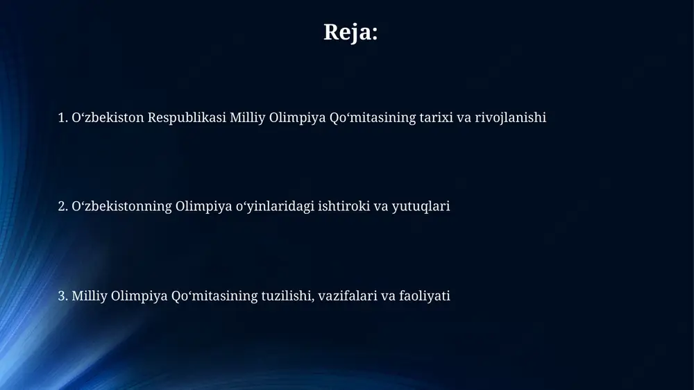 ta milliy olimpiya qoʻmitasi orasida munosib oʻrinni egallash hisoblanadi. qoʻmita vazifalariga sportning olimpiya turlari boʻyicha terma jamoalarni shakllantirish, ularning xalqaro musobaqalarda, jumladan, olimpiya oʻyinlarida ishtirokini taʼminlash va yuqori natijalarga erishishga koʻmaklashish kiradi. oʻzbekiston olimpiya oʻyinlarida o'zbekiston olimpiya o'yinlarida 1994-yilda lillexammerda qishki o'yinlarda ilk bor mustaqil davlat sifatida qatnashgan va o'sha yili birinchi medalini qo'lga kiritgan. o'zbekiston yozgi olimpiya o'yinlarida eng ko'p medallarni sport kurashi, boks va og'ir atletika bo'yicha qo'lga kiritgan, jami medallar soni o'nlabga yetadi. sportchilarni qoʻllab-quvvatlash dasturlari «sportchilarni qoʻllab-quvvatlash dasturlari» oʻzbekiston milliy olimpiya qoʻmitasi tomonidan moliyalashtiriladi, shu jumladan, yosh istiqbolli sportchilarga 100 million soʻmgacha grantlar ajratiladi. ushbu dasturlar doirasida sportchilarga tibbiy koʻrik, sport anjomlari, malakali murabbiylar bilan taʼminlash va xalqaro musobaqalarda ishtirok etish uchun 50 million soʻmgacha mablagʻ ajratiladi. xalqaro hamkorlik o'zbekiston milliy olimpiya qo'mitasi xalqaro hamkorlik doirasida ko'plab sport tashkilotlari bilan aloqalarni o'rnatgan, jumladan, 20 dan ortiq mamlakat olimpiya qo'mitalari bilan memorandumlar imzolangan. xalqaro hamkorlik sportchilarning malakasini …