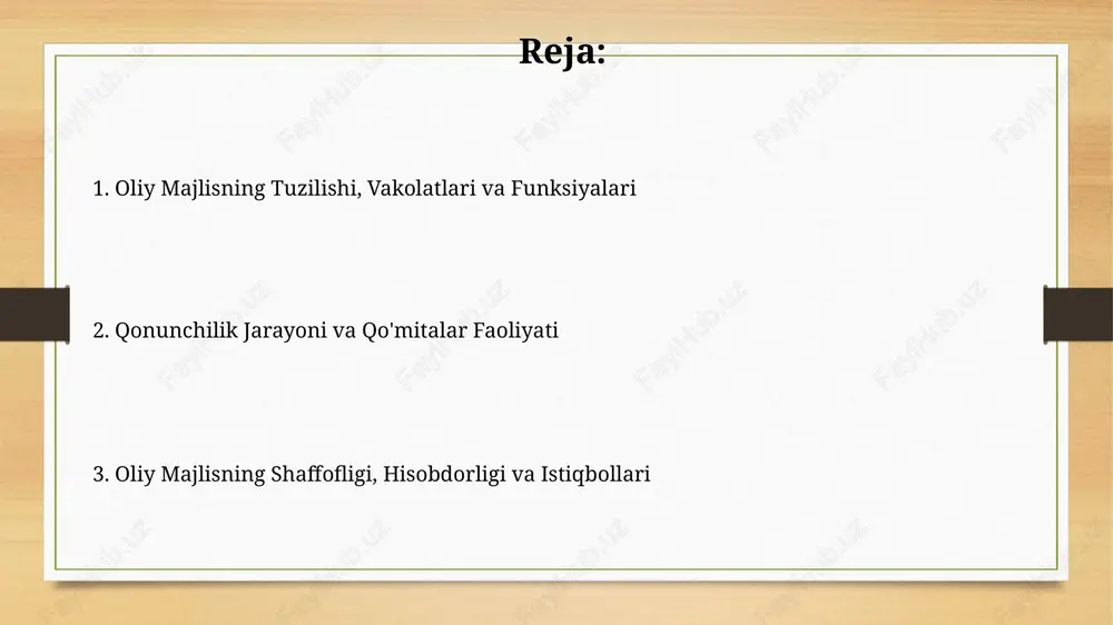 xalqaro tashkilotlar bilan hamkorlik qilib, qonunchilik tajribasini almashish va global muammolarni hal etishda ishtirok etadi. o'zbekiston respublikasi oliy majlisi mdh parlamentlararo assambleyasida faol ishtirok etib, mintaqaviy integratsiya masalalarini ko'rib chiqish va qonunchilikni uyg'unlashtirishda muhim rol o'ynaydi. shaffoflik va hisobdorlik oliy majlis veb-saytida qonun loyihalari, qo'mita yig'ilishlari va deputatlarning deklaratsiyalari kabi 700 dan ortiq hujjatlar e'lon qilinib, hisobdorlikni ta'minlaydi. 2023-yilda oliy majlis o'zbekiston fuqarolari bilan 30 dan ortiq ochiq muloqotlar o'tkazdi, bu esa jamoatchilik fikrini inobatga olish va javobgarlikni oshirishga yordam beradi. tanqid, bahslar va istiqbollar oliy majlisning qonun loyihalarini muhokama qilishdagi shaffofligi 2023-yilda tanqidga uchradi, chunki fuqarolik jamiyati tashkilotlari ishtiroki cheklangan deb hisoblangan. ba'zi siyosatchilar vakolatlar taqsimoti masalasida bahslashishadi, ayniqsa vazirlar mahkamasi bilan oliy majlis o'rtasidagi muvozanat 2025-yilgacha yaxshilanishi kerak. e'tiboringiz uchun rahmat slide 1 slide 2 slide 3 slide 4 slide 5 slide 6 slide 7 slide 8 slide 9 slide 10