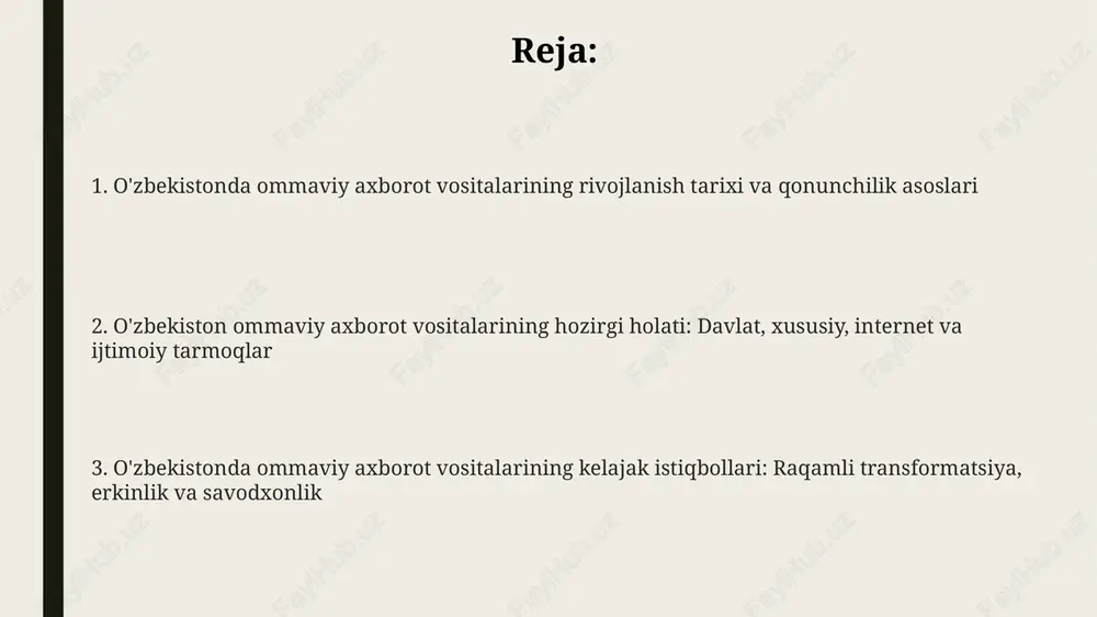 cheklangan. o'zbekistonda senzura tarixan qat'iy bo'lgan, ammo 2016-yildan keyin asta- sekin yumshatilgan. hukumat oavni nazorat qilish uchun turli qonunlardan foydalanadi, bu so'z erkinligini cheklaydi. jurnalistika etikasi o'zbekistonda muhim masala hisoblanadi. ko'plab jurnalistlar hukumat bosimi va o'z- o'zini senzura qilish xavfi ostida ishlashga majbur bo'lishadi. shuning uchun xolislik qiyin. ommaviy axborot vositalarining siyosiy va iqtisodiy ta'siri ommaviy axborot vositalari siyosiy partiyalarning saylovoldi kampaniyalarini yoritish orqali jamoatchilik fikriga ta'sir o'tkazadi, bu esa saylov natijalariga sezilarli darajada ta'sir qilishi mumkin. ommaviy axborot vositalari reklama daromadlari va davlat subsidiyalari orqali moliyalashtiriladi, bu ularning mustaqilligiga ta'sir qilishi mumkin, ayniqsa tanqidiy qarashlarni yoritishda. media xoldinglarining iqtisodiy qudrati ularga siyosiy lobbichilikda ustunlik beradi, qonun chiqaruvchi organlarga bosim o'tkazish va foydali qonunlarni qabul qilishga erishish imkonini beradi. raqamli transformatsiya, media savodxonligi va kelajak istiqbollari media savodxonligi 2024-yilga kelib har bir fuqaroning faktlarni manipulyatsiyadan ajrata olish, ishonchli manbalarni topish va onlayn xavfsizlikni taʼminlash koʻnikmasini shakllantirishga qaratilgan. raqamli transformatsiya oʻzbekiston …