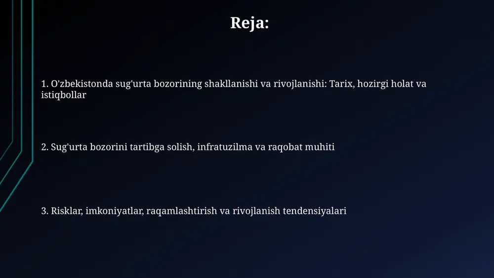 oluvchi asosiy qonun – bu “sugʻurta faoliyati toʻgʻrisida”gi qonun boʻlib, 2002-yilda qabul qilingan va sugʻurtachilar faoliyatini litsenziyalash tartibini belgilaydi. sugʻurta nazoratini oʻzbekiston respublikasi moliya vazirligi huzuridagi sugʻurta bozorini rivojlantirish agentligi amalga oshiradi. uning vazifasi sugʻurta qonunchiligiga rioya etilishini nazorat qilish va barqarorlikni taʼminlashdir. sug'urta turlari o'zbekistonda majburiy sug'urta turlari mavjud bo'lib, ular orasida avtotransport vositalari egalarining fuqarolik javobgarligi sug'urtasi (avgjs) alohida ahamiyatga ega, uning shartlari 150 million so'mgacha qoplamani nazarda tutadi. hayot sug'urtasi bozori rivojlanmoqda, bunda muddatli hayot sug'urtasi, jamg'ariladigan sug'urta va investitsiya bilan bog'liq sug'urta kabi mahsulotlar 1 yildan 30 yilgacha bo'lgan muddatga taklif etiladi. mol-mulk sug'urtasi, jumladan uy-joy, tijorat binolari va boshqa aktivlar sug'urtasi o'zbekistonda keng tarqalgan bo'lib, tabiiy ofatlar, yong'inlar va boshqa xavflardan himoya qilish uchun 100 million so'mdan ortiq sug'urta qoplamasini taqdim etadi. sug'urta kompaniyalari sug'urta kompaniyalari kapitalining minimal miqdori qonun bilan belgilanadi, masalan, umumiy sug'urta uchun kamida 7,5 milliard so'm talab etiladi. o'zbekistonda 30 dan …